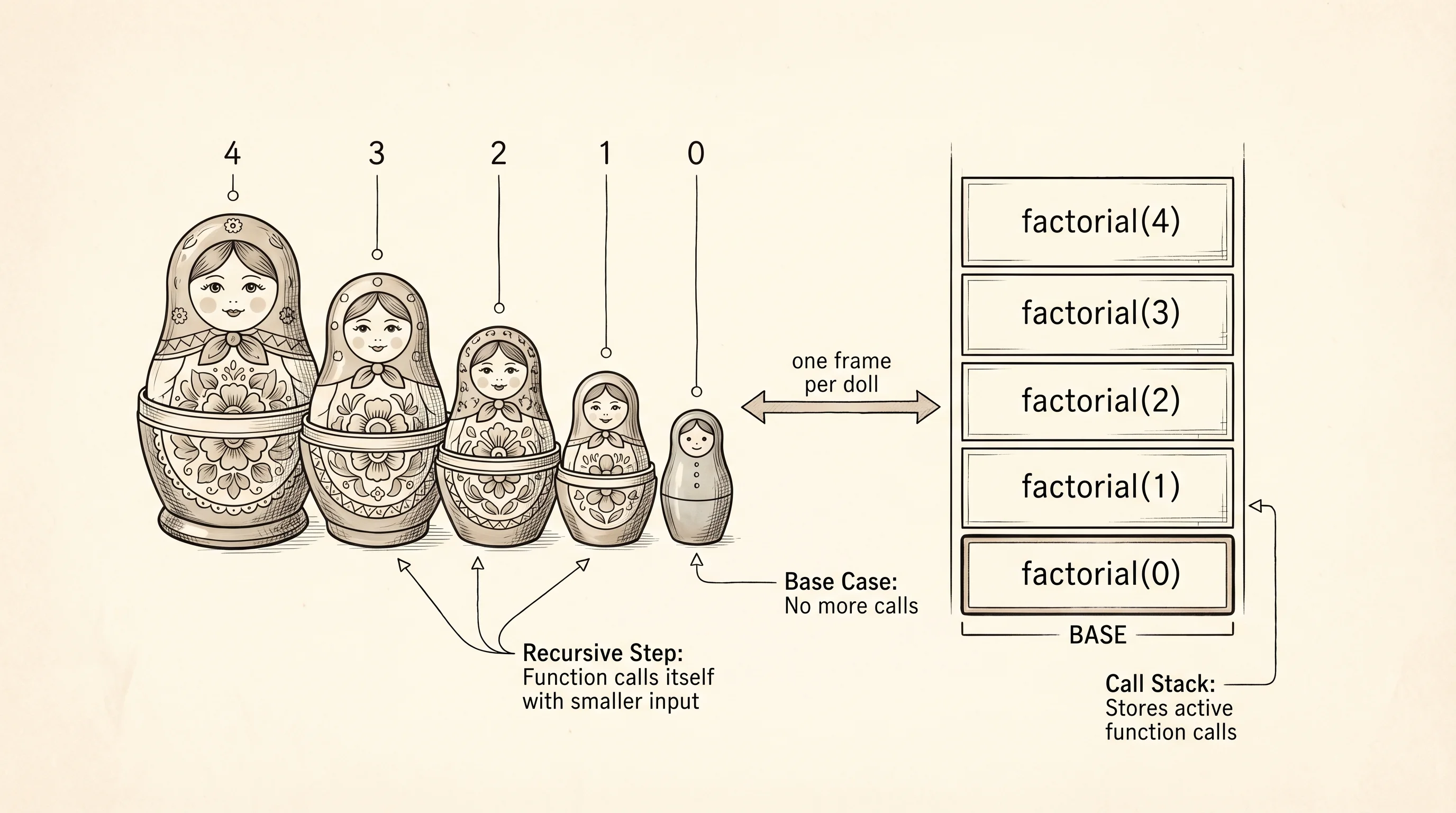 Russian nesting dolls drawn beside a call stack — same shape, two notations.