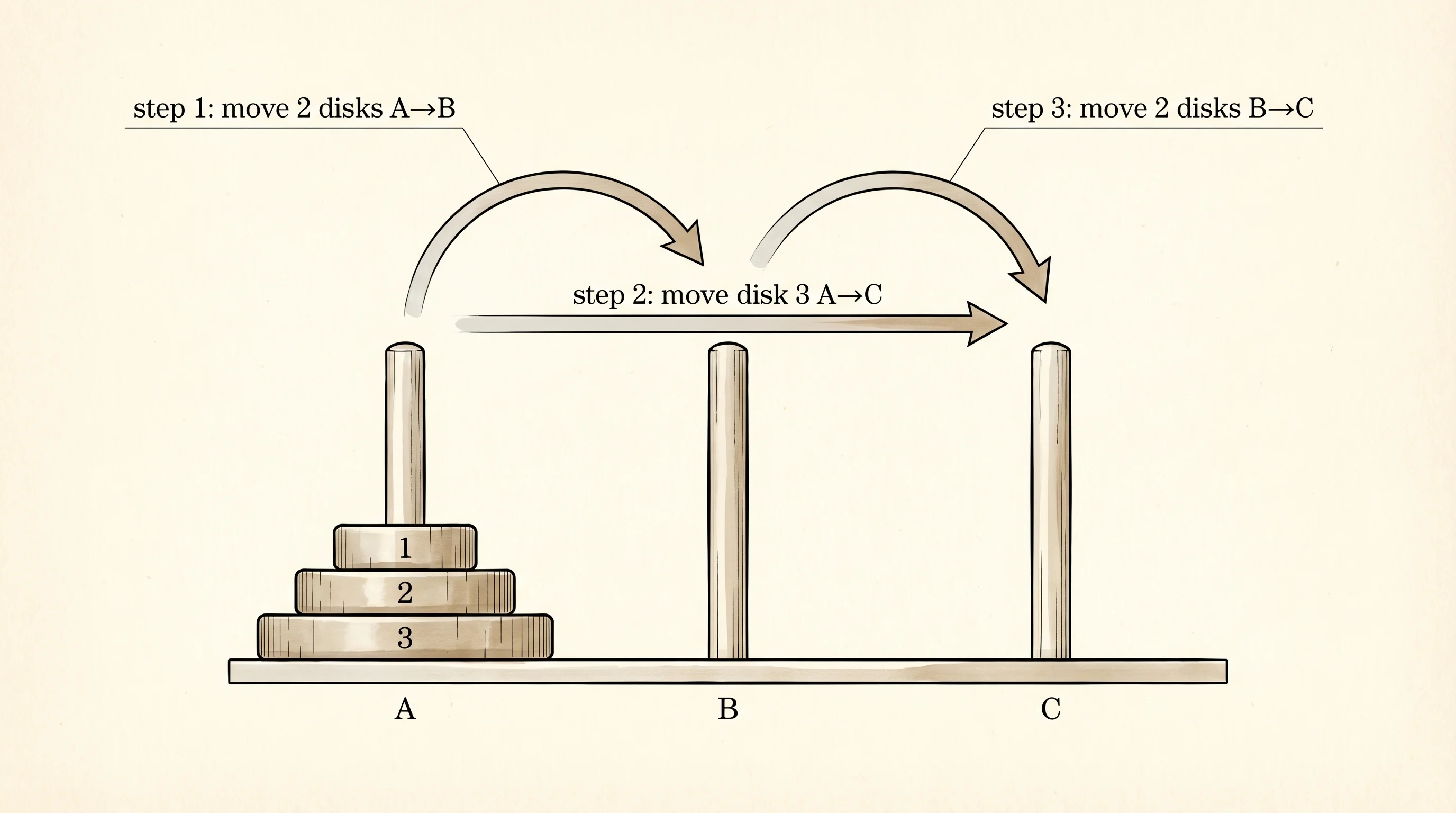 Towers of Hanoi: three pegs, three disks, the recursive plan drawn on top.