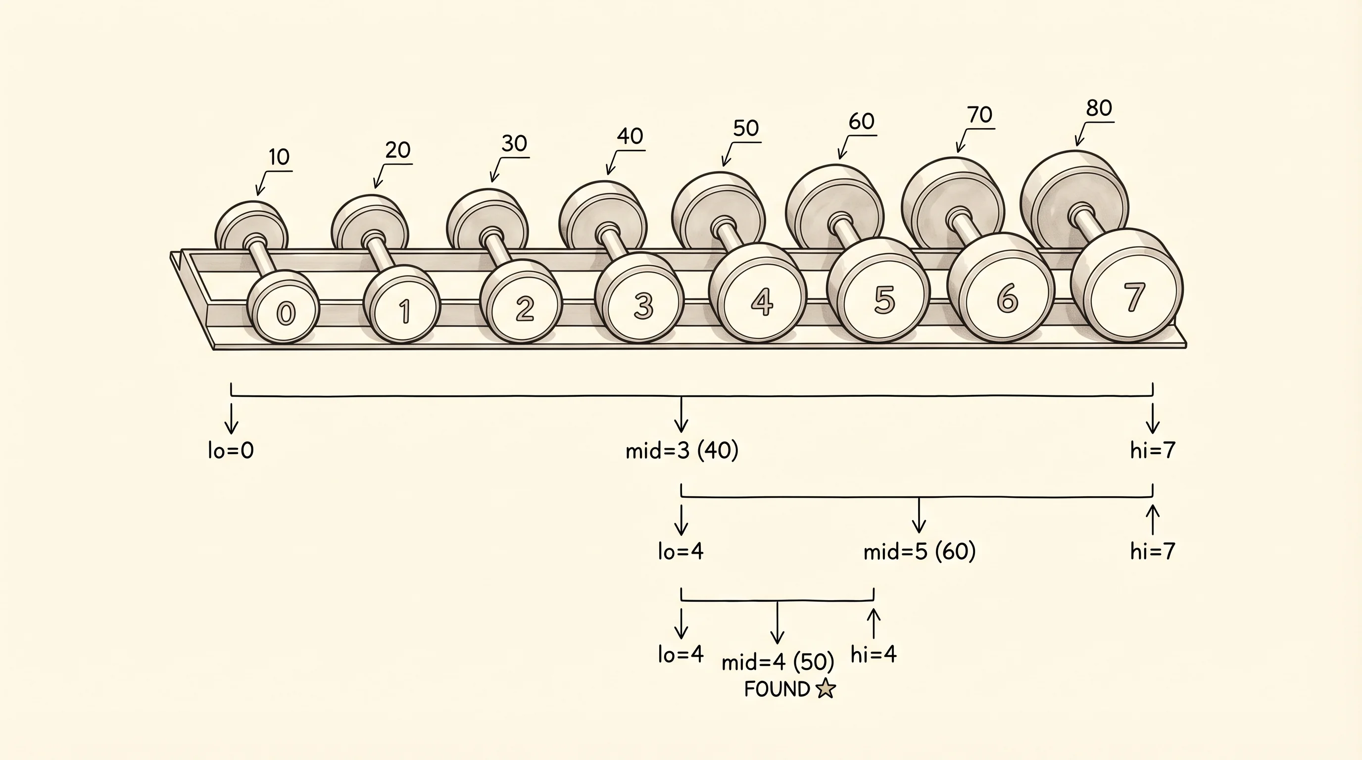 Binary search narrows lo and hi on a sorted dumbbell rack until it lands on 50.