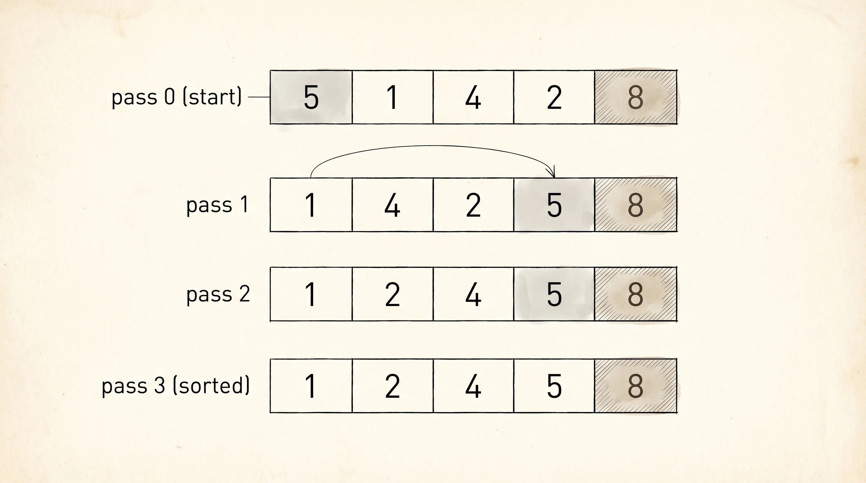 Four passes of bubble sort on [5, 1, 4, 2, 8] — the largest element bubbles right.