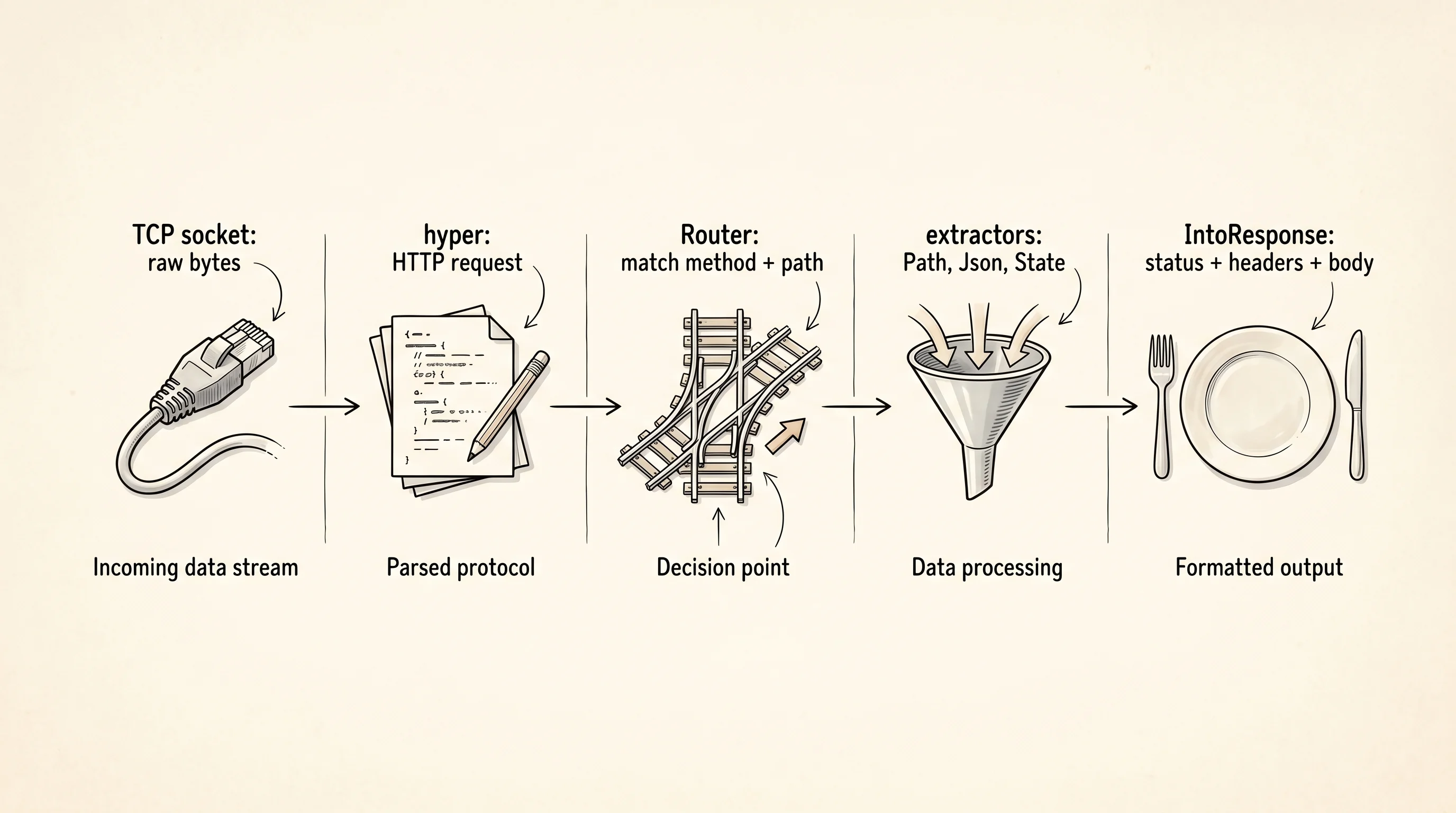 The path an HTTP request takes through axum: socket bytes become a parsed Request, the Router picks a handler, extractors fill the arguments, and the return value becomes a Response.