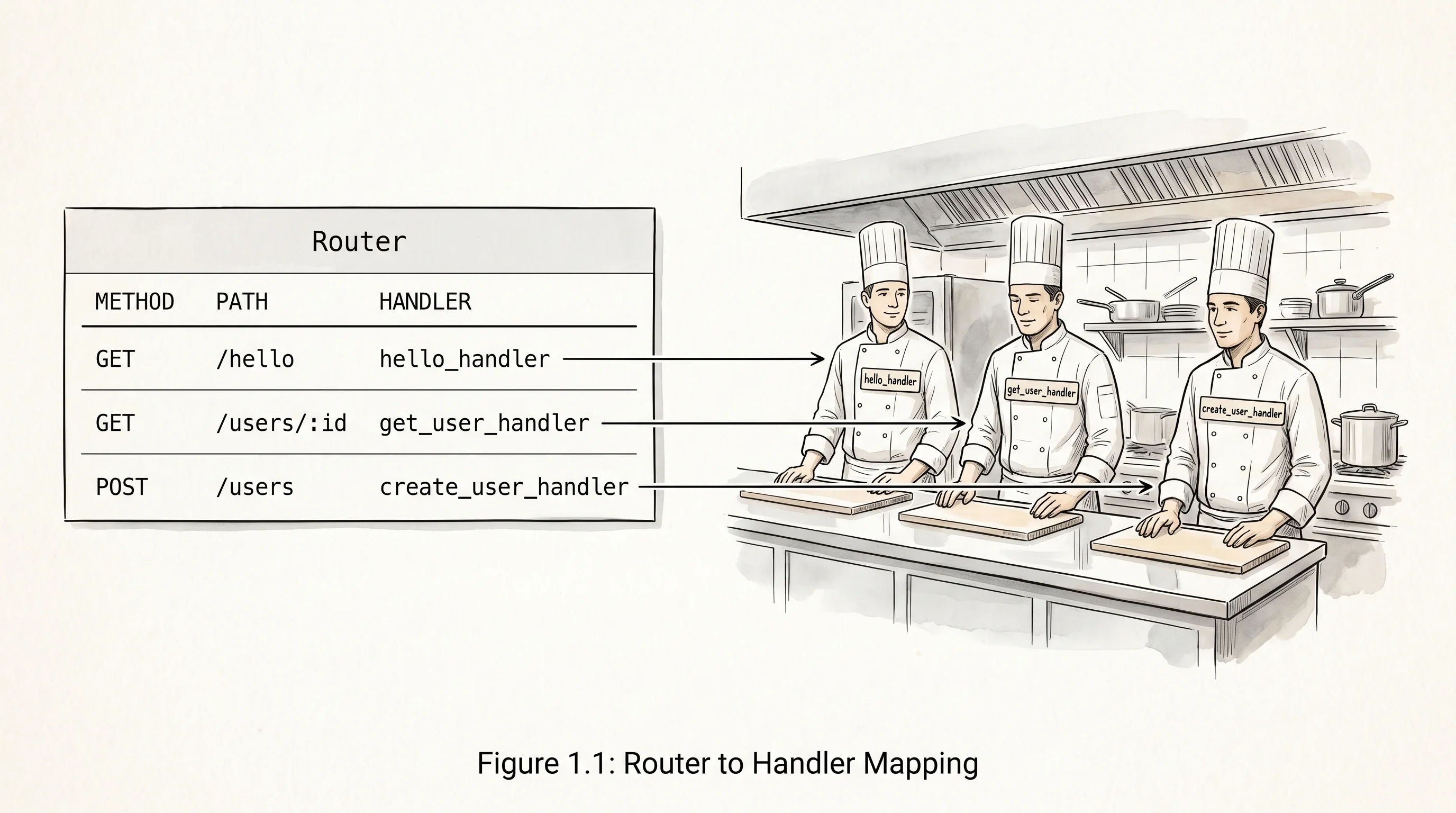 A Router maps method-and-path pairs to handler functions, like a restaurant menu mapping dishes to cooks.