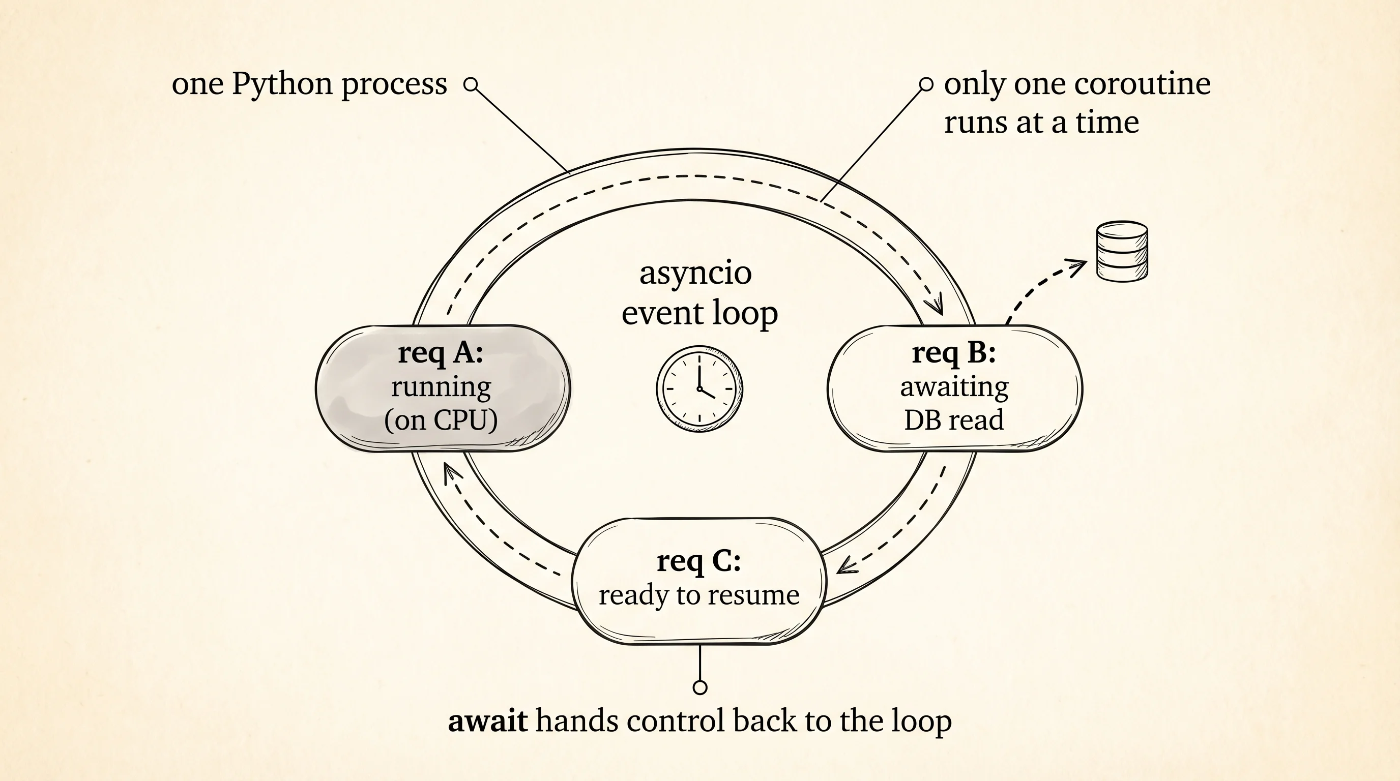 One event loop juggling three requests, pausing whichever one is waiting on I/O.