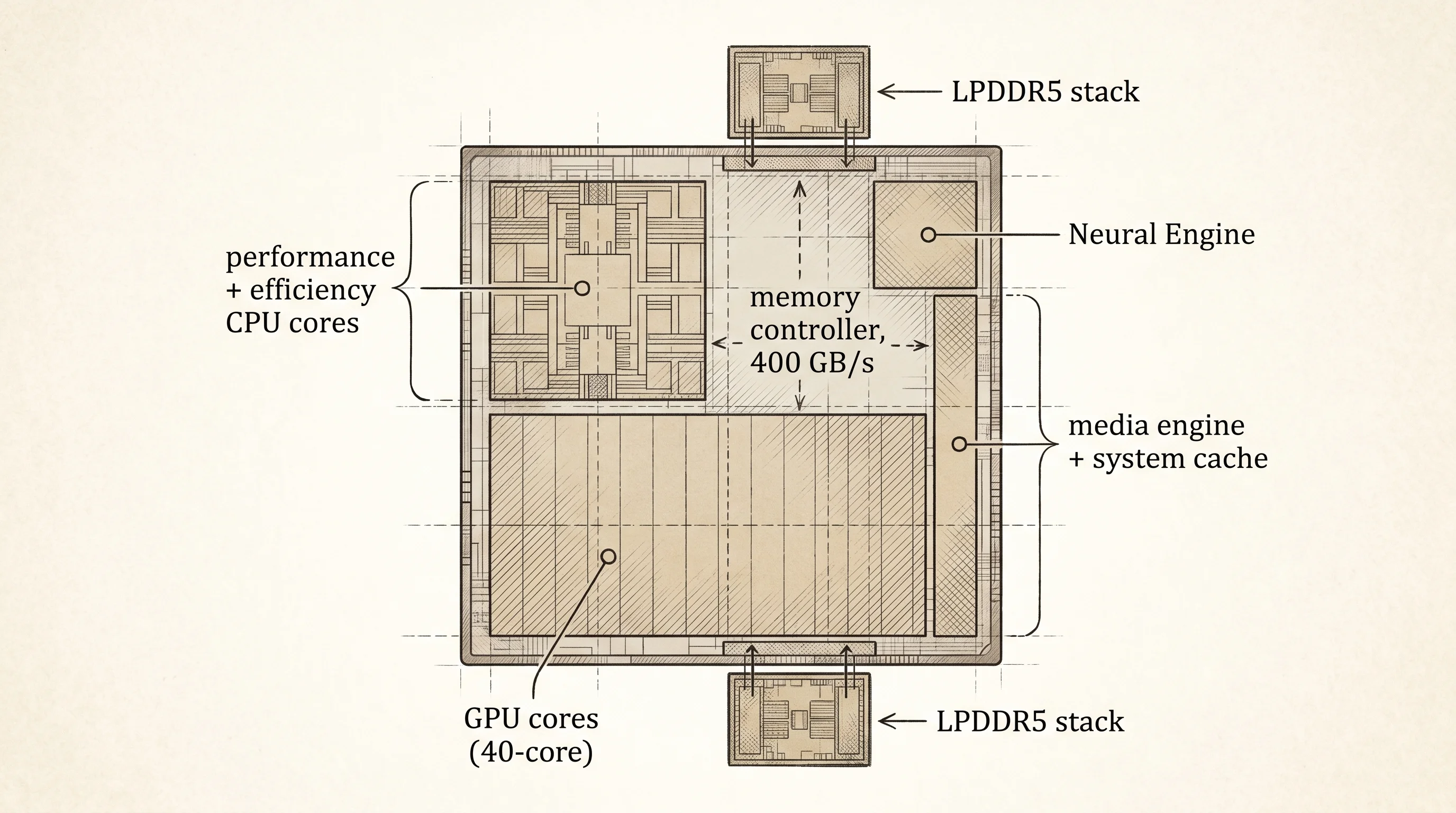 An M3 Max die shot with the four blocks and the memory bus drawn over it.