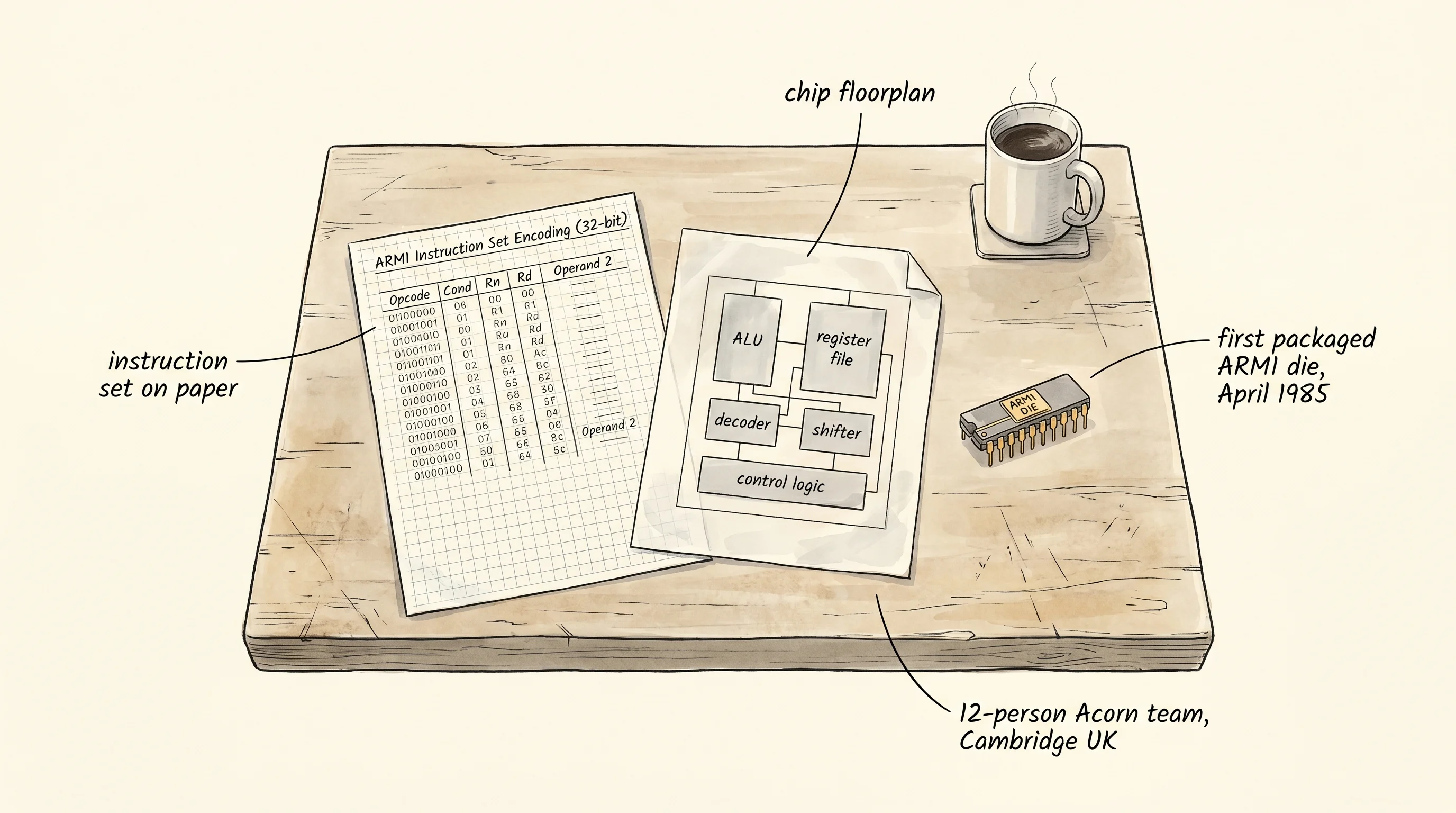 Cambridge, 1985: a small team, a paper-sketched instruction set, and the first ARM die.