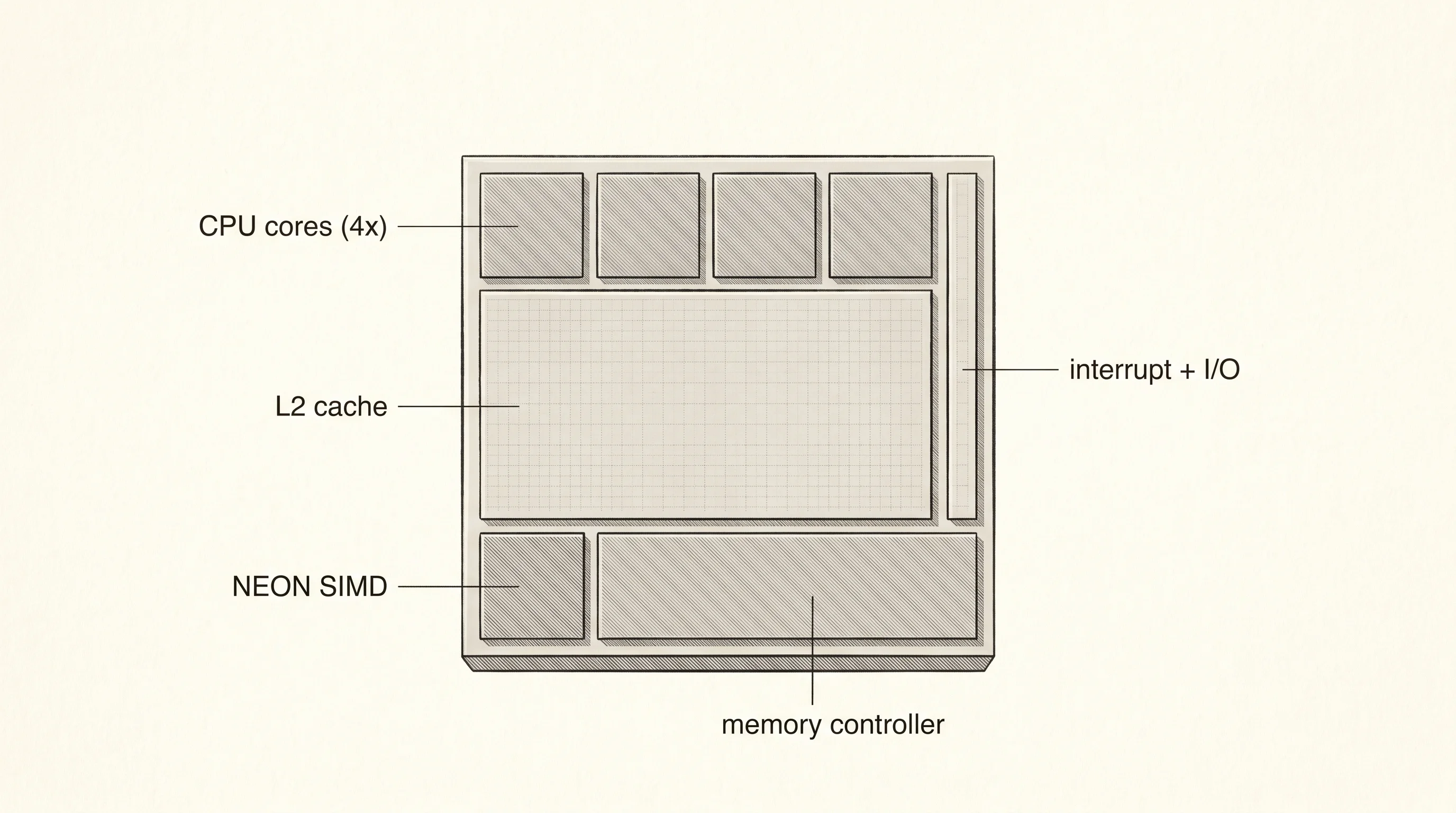 An ARM Cortex die: most of the silicon is cache and small simple cores.