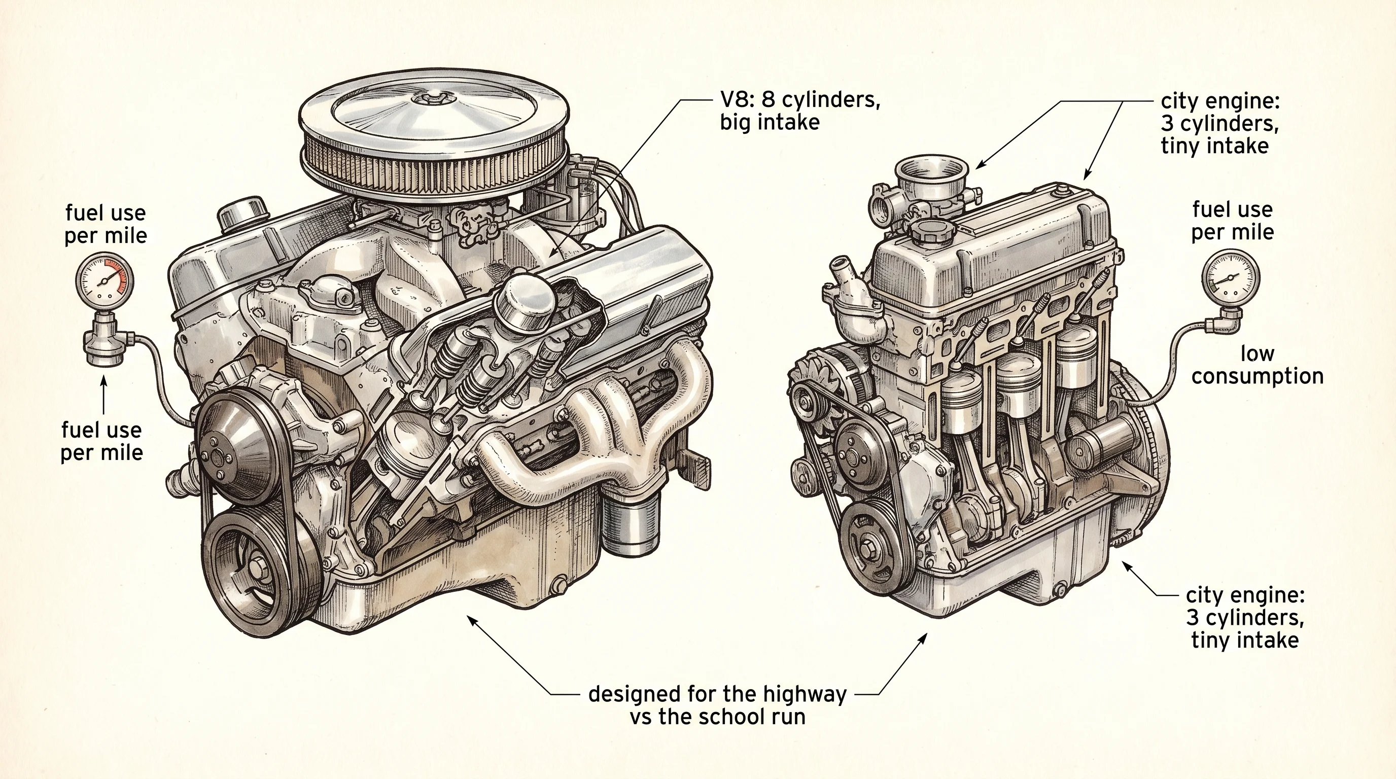 Two engines designed for two races: V8 muscle vs. a thrifty city engine.