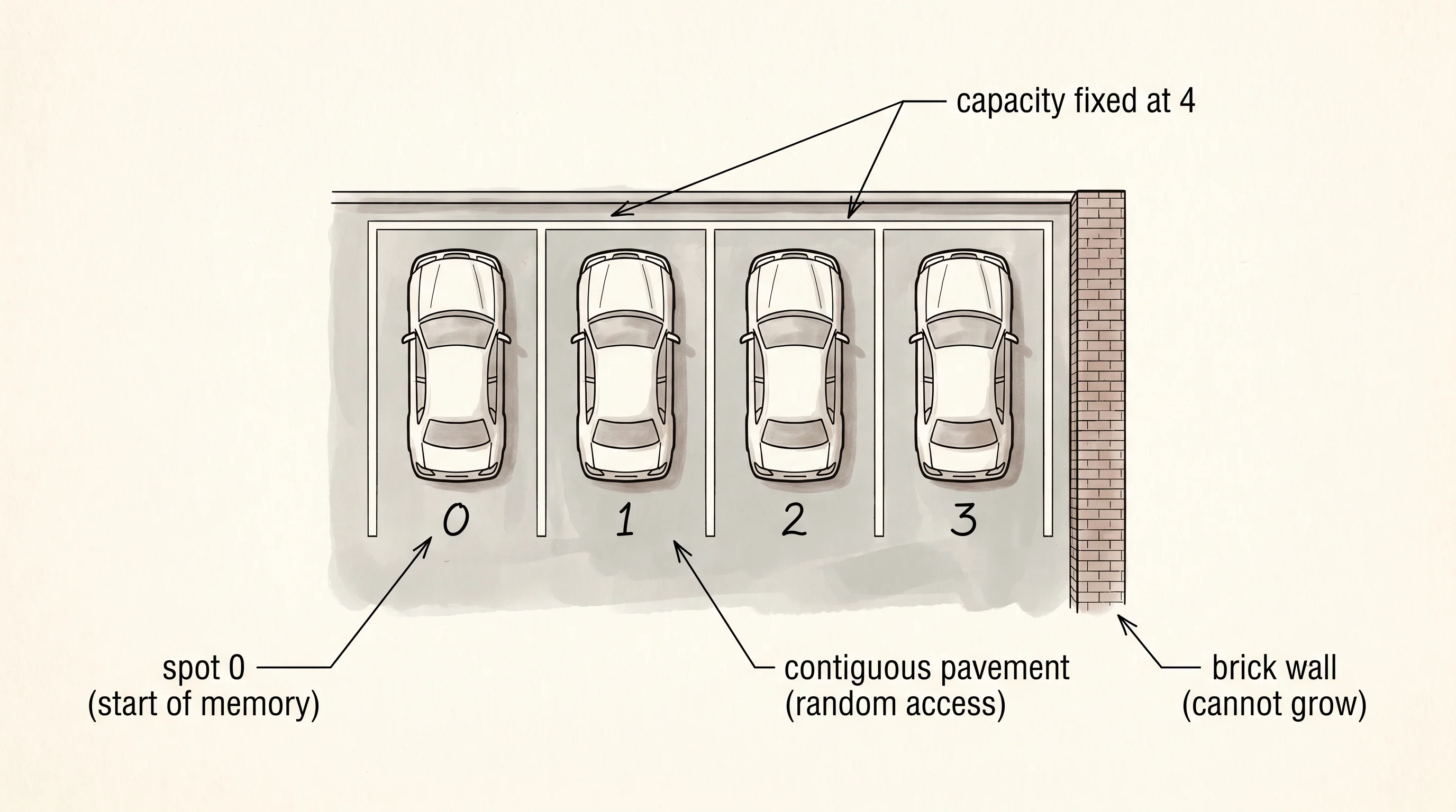 A fixed 4-spot parking lot — Rust's `[i32; 4]` made physical.