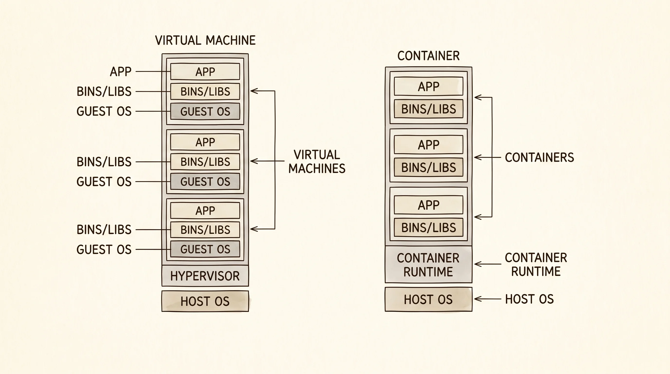 A container shares the host kernel; a VM ships its own.