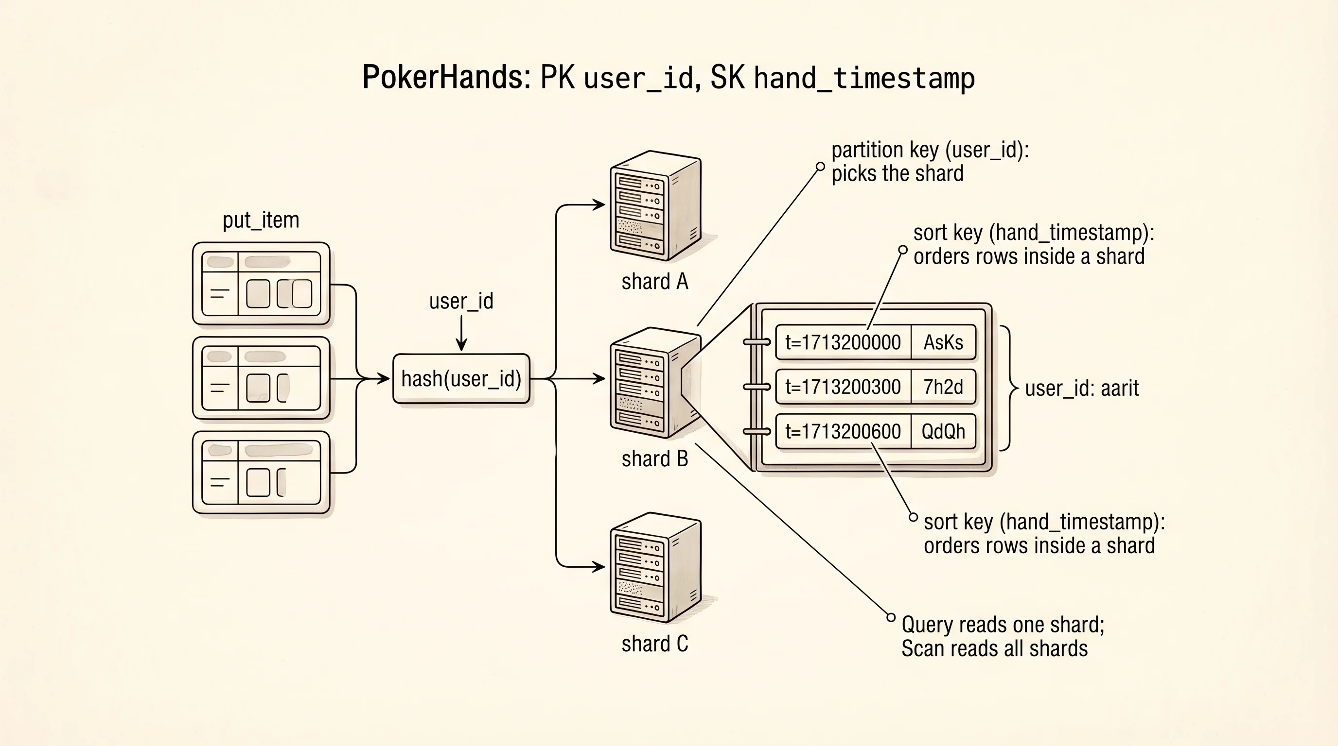 The PokerHands table: partition key routes to a shard, sort key orders rows inside it.