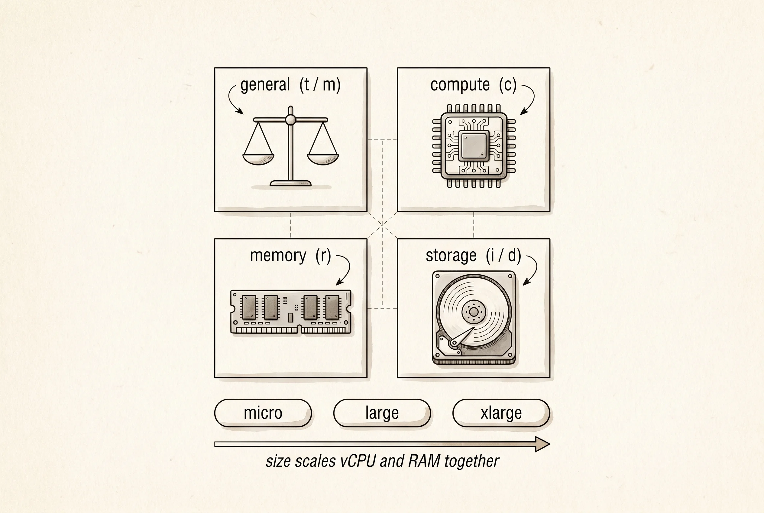 EC2 instance families grouped by what the workload needs most.
