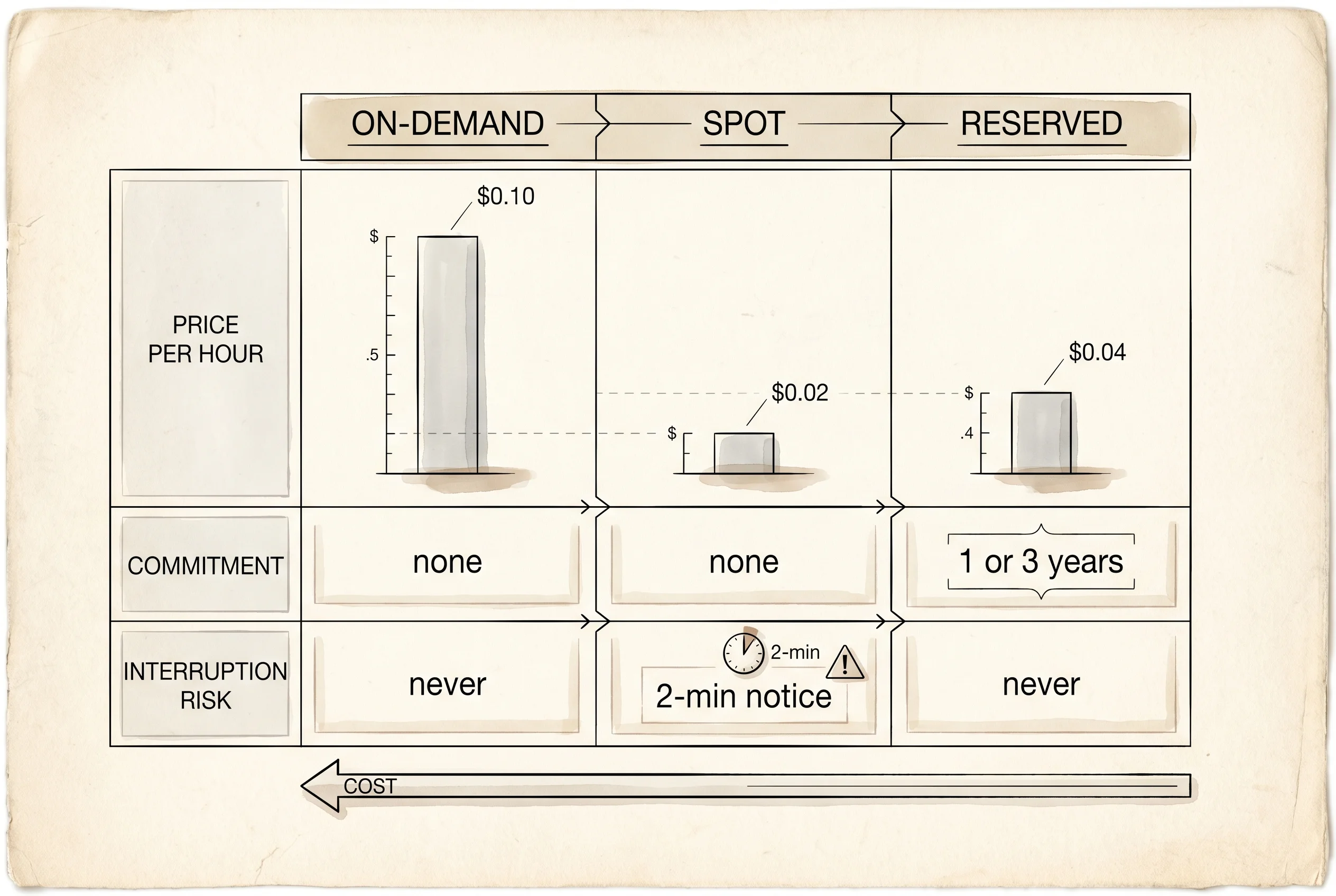 Three pricing models — On-Demand, Spot, and Reserved — laid out by cost and commitment.