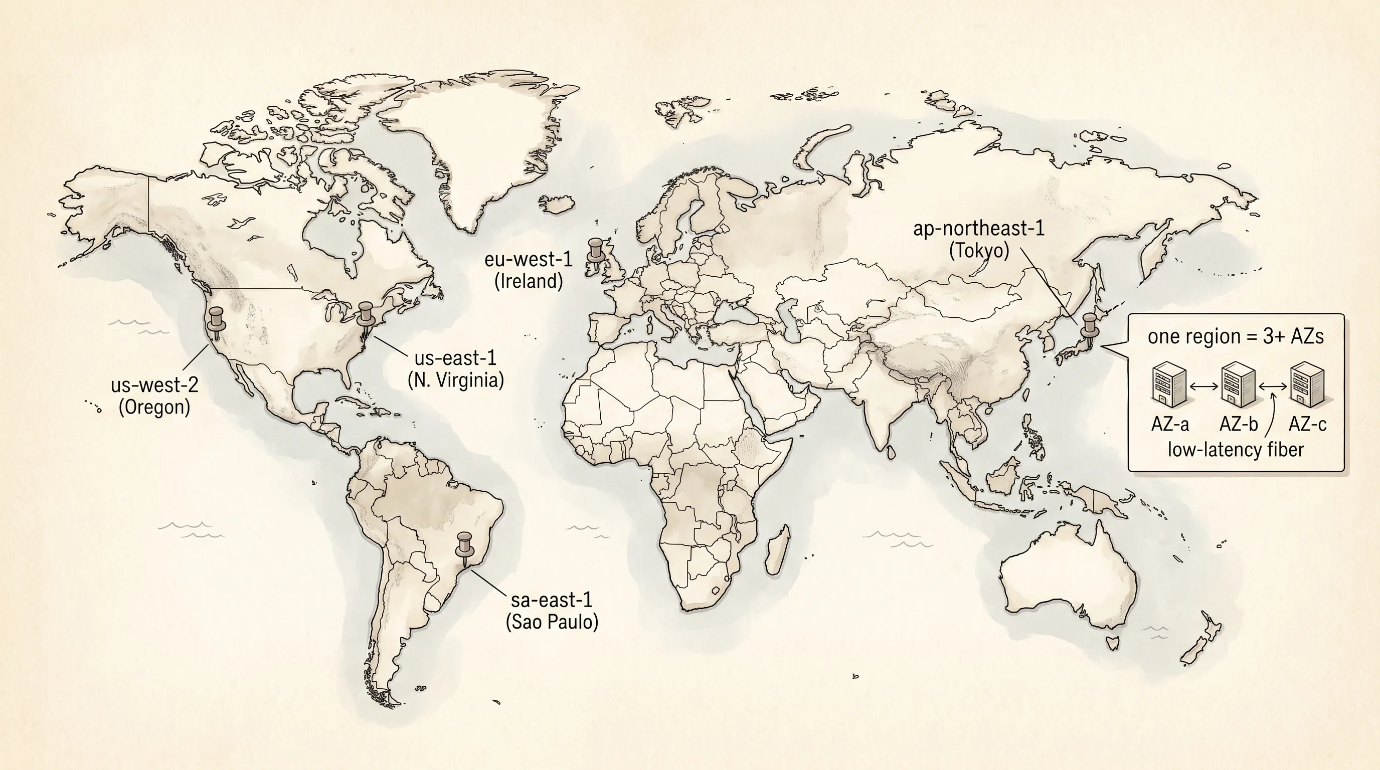 AWS regions and Availability Zones — each region holds 3 or more physically isolated AZs.