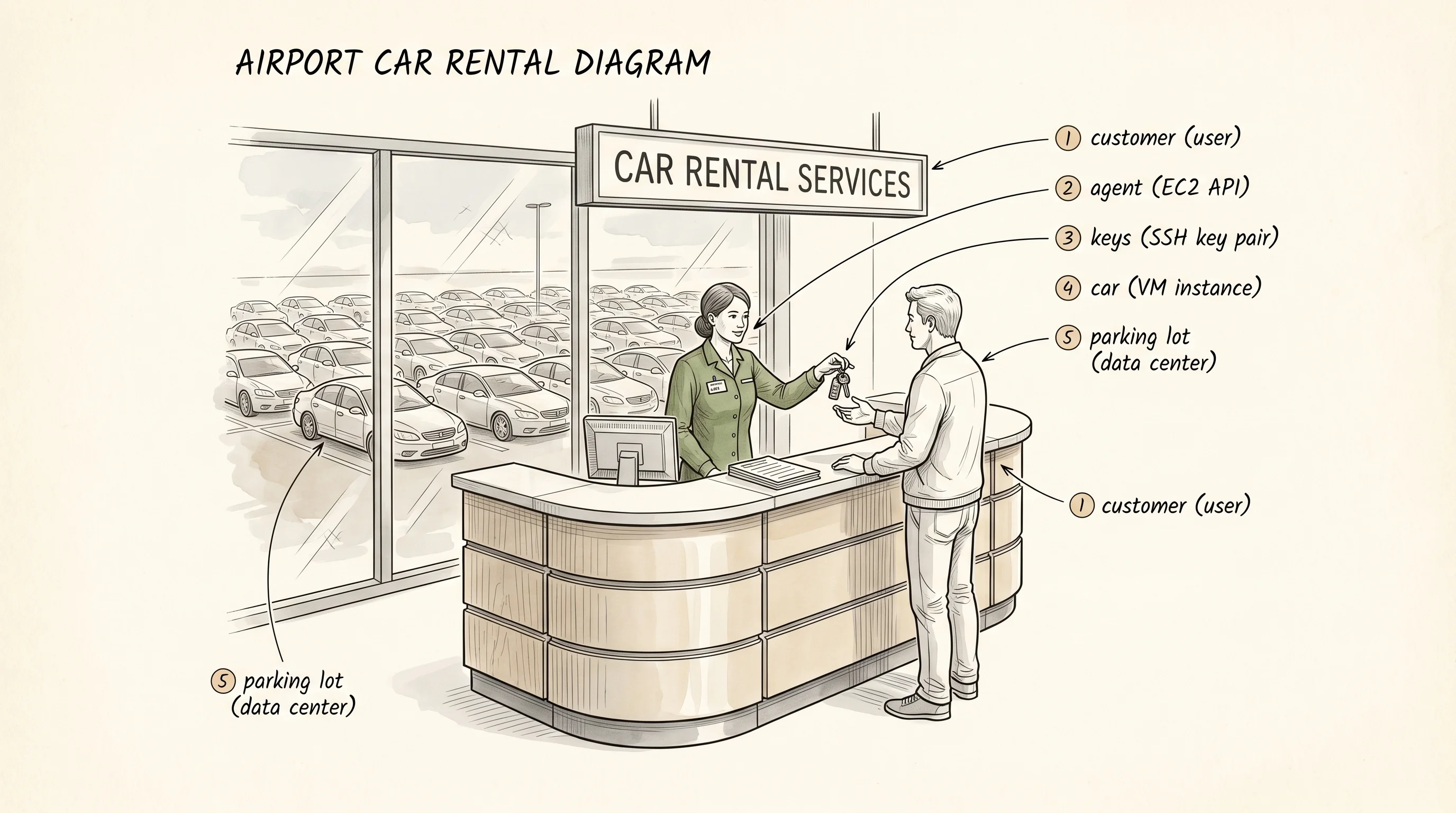 EC2 as a car rental counter — request a VM, get keys (SSH key + IP), return it when done.
