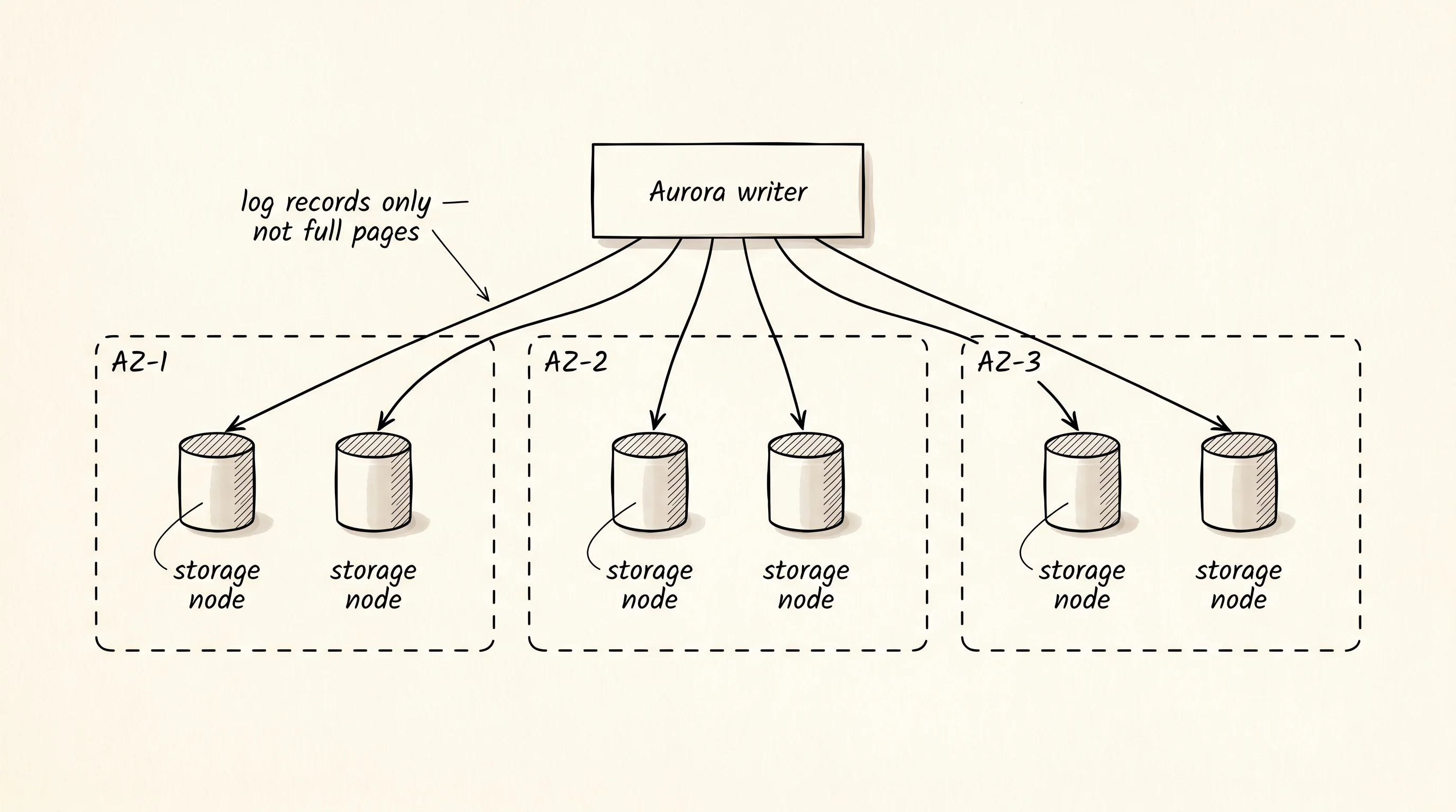 Aurora keeps 6 copies of every data block, 2 in each of 3 availability zones, so any one AZ can fail without losing data.