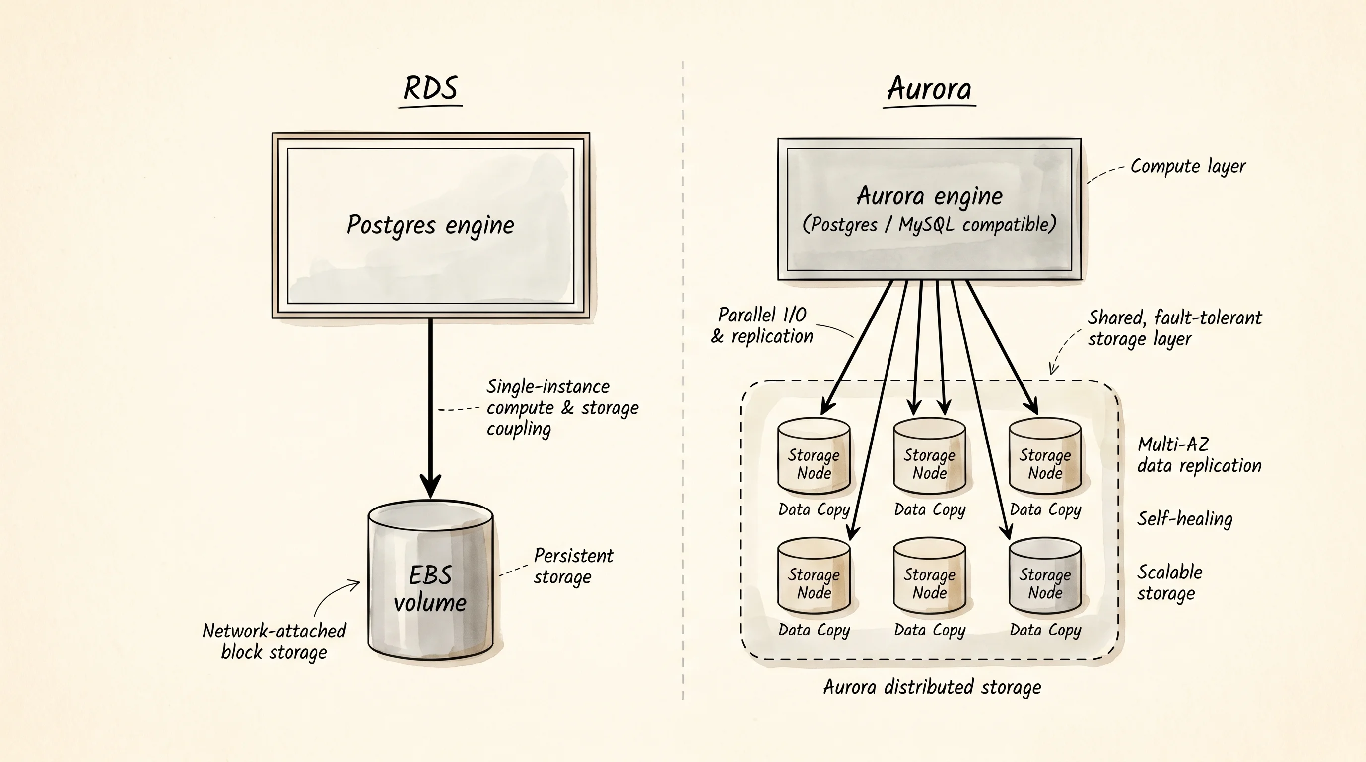RDS runs a stock database engine on one EBS volume; Aurora replaces the storage layer with a distributed, log-replay tier shared by all nodes.