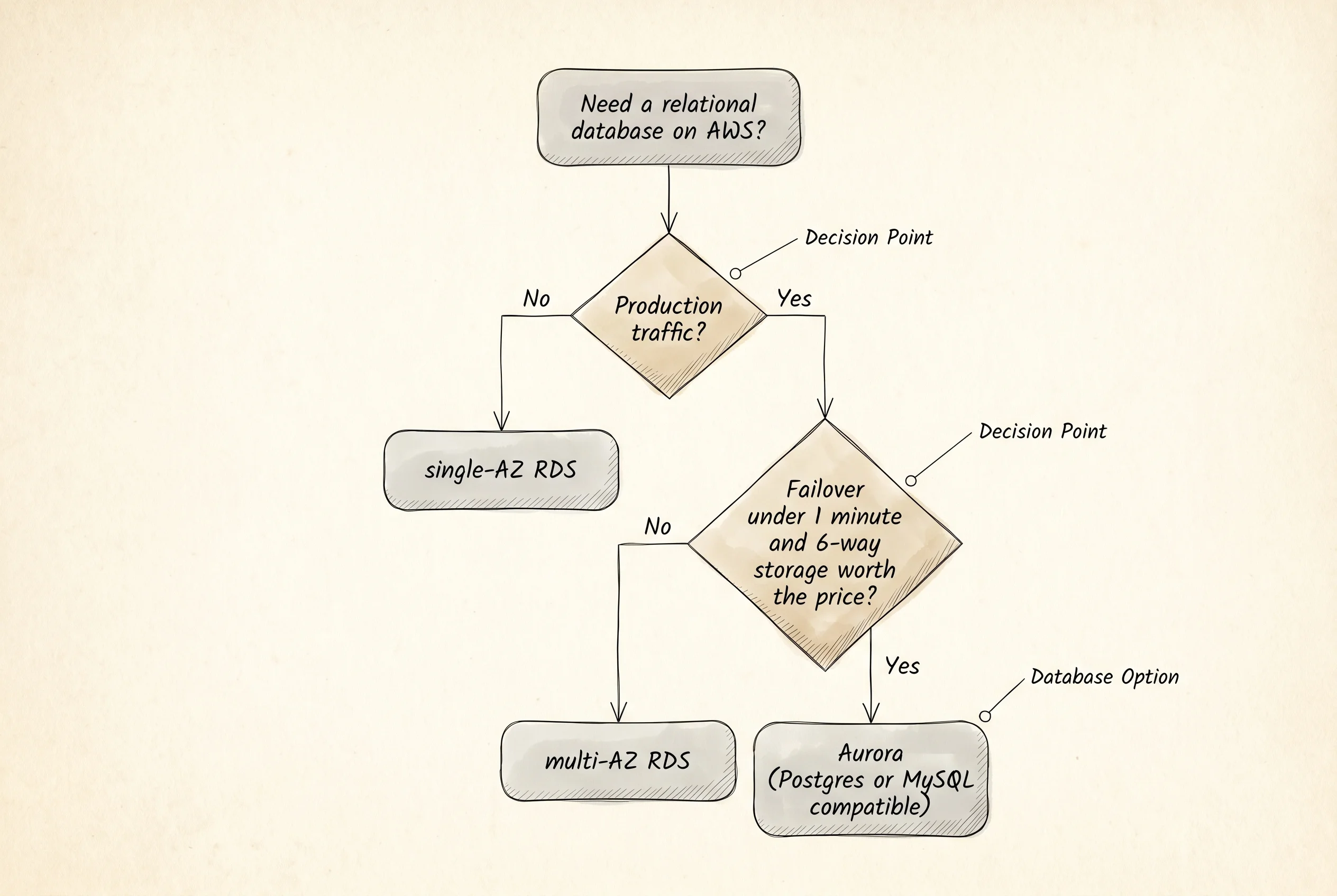 A small decision tree for picking between single-AZ RDS, multi-AZ RDS, and Aurora.
