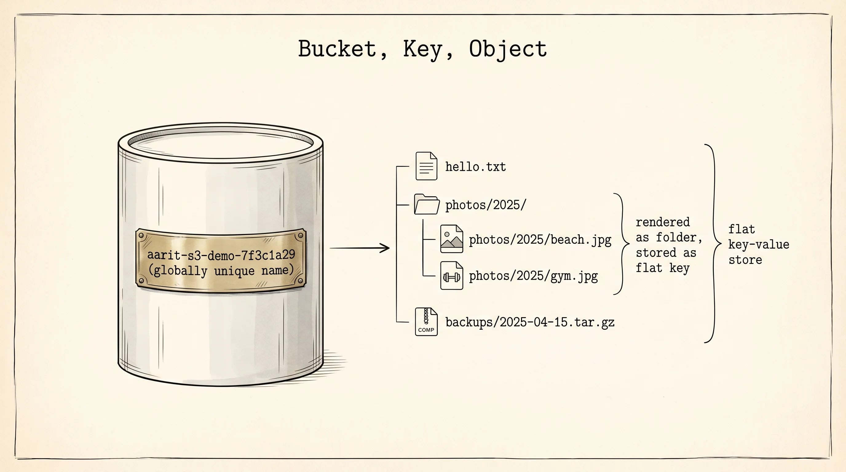 One bucket, several objects with slash-separated keys rendered as folders.