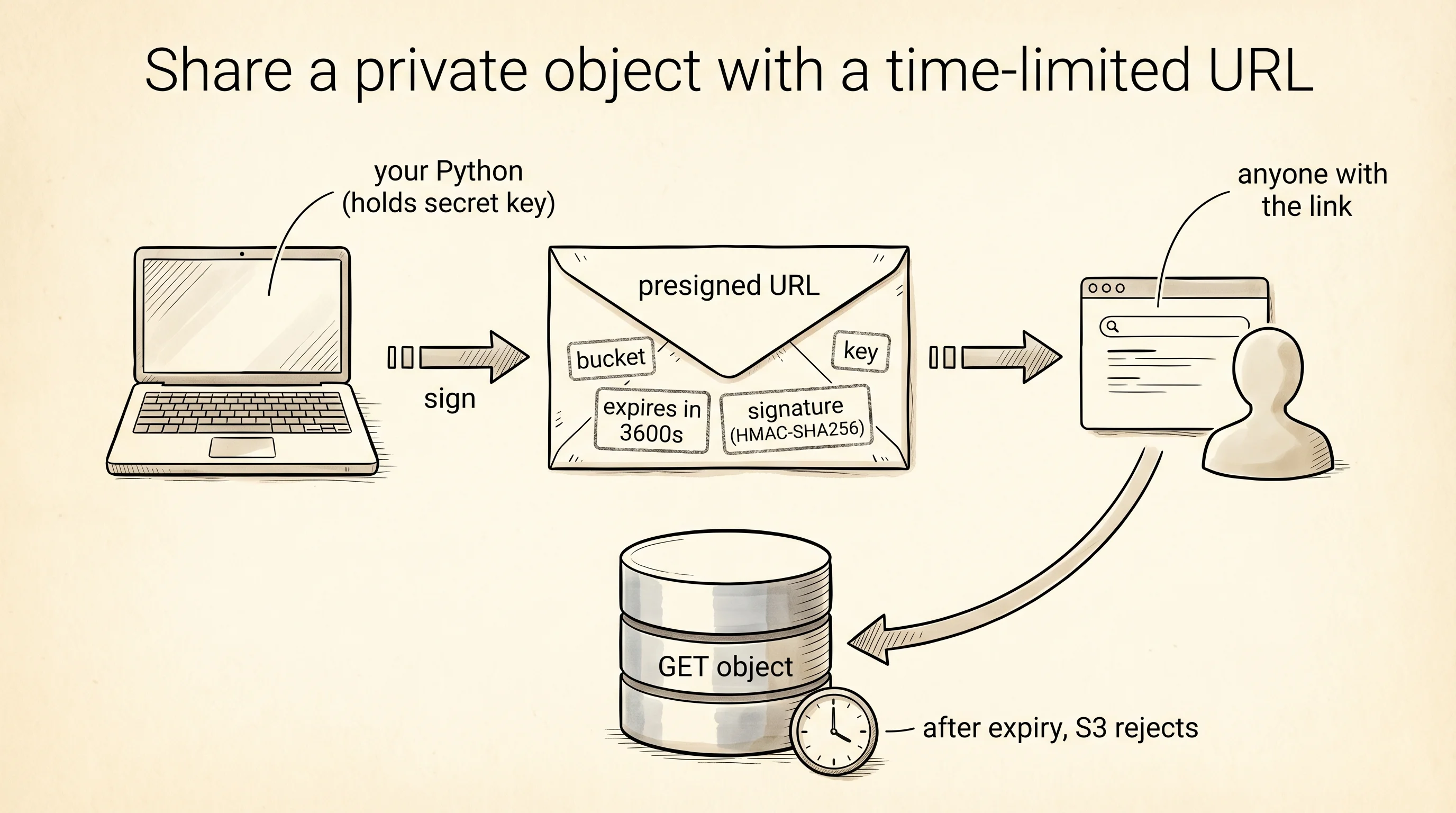 A presigned URL: your secret key signs a time-limited grant anyone can use.