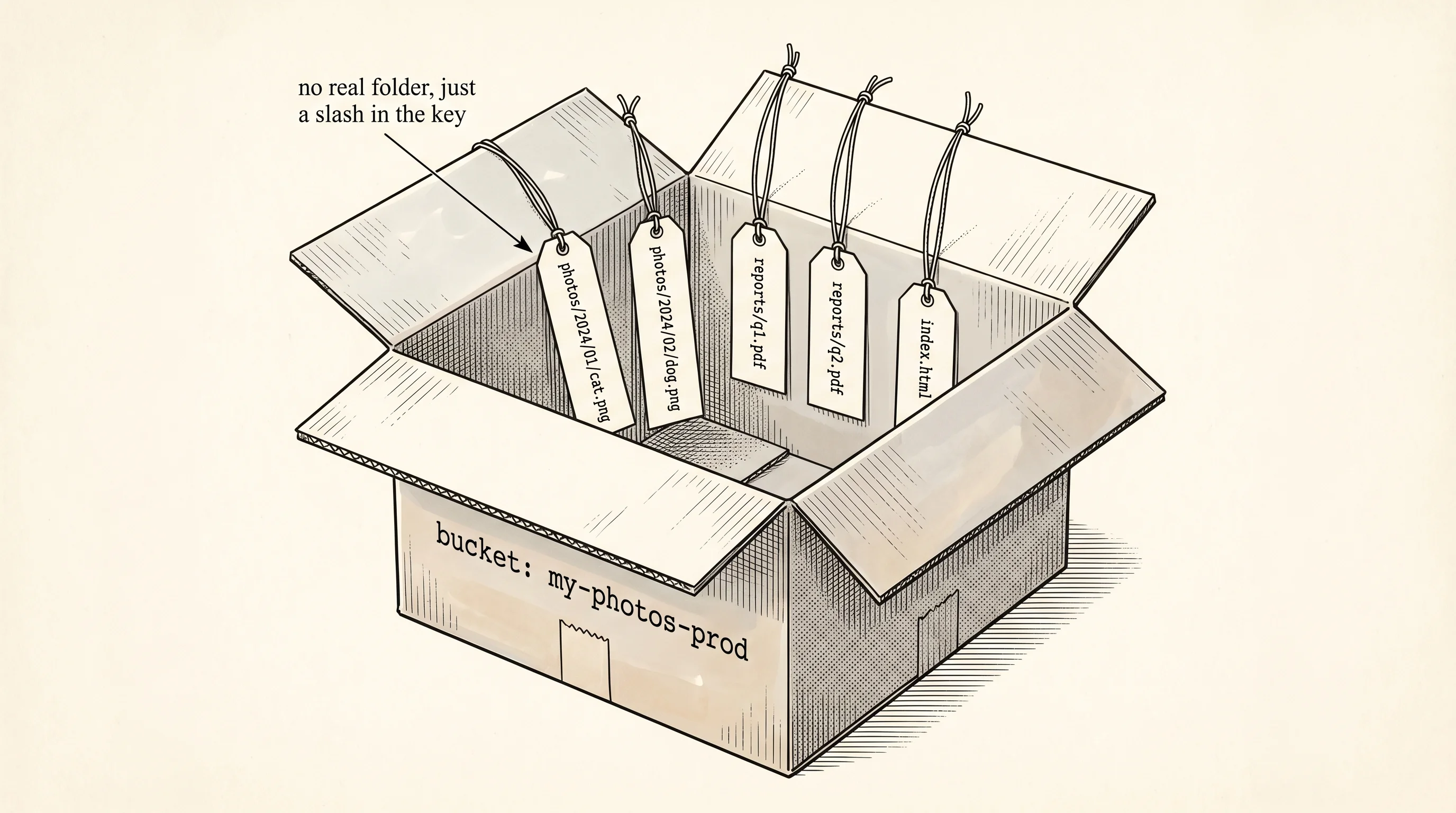 A bucket is a flat namespace; the slashes in keys are convention, not folders.