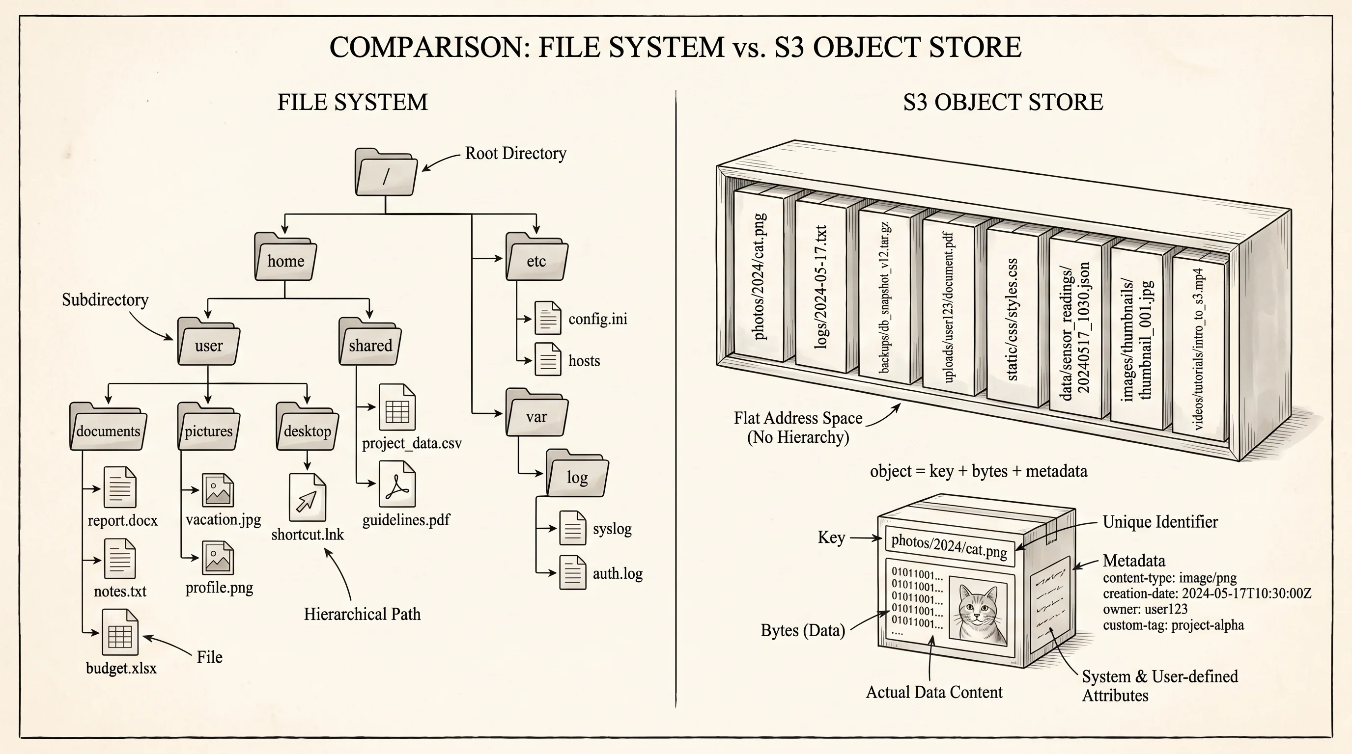 S3 stores objects, not files — a flat namespace of buckets and keys.
