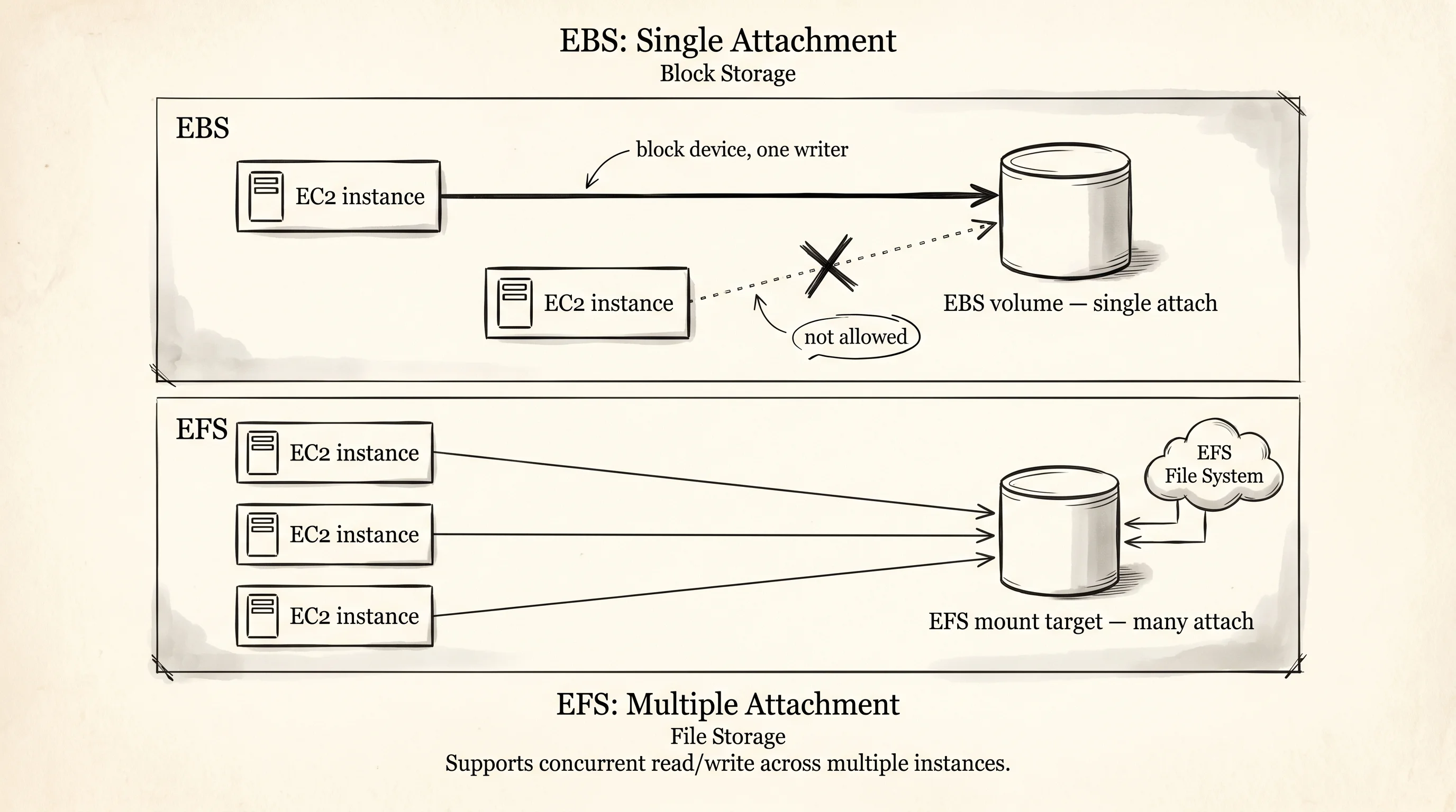An EBS volume attaches to exactly one EC2 instance at a time; an EFS mount can serve many at once.