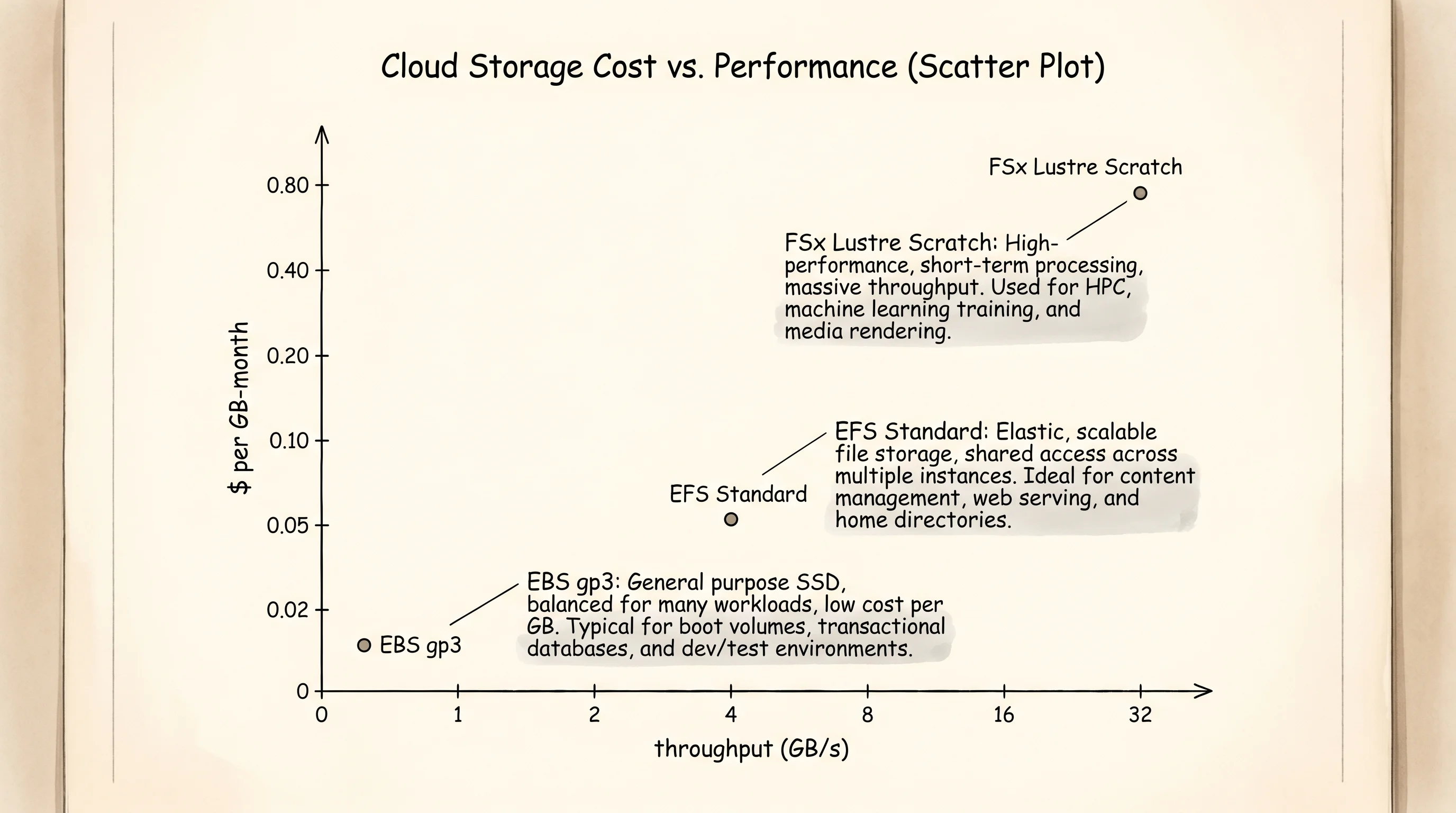EBS, EFS, and FSx plotted on a price-vs-throughput chart.