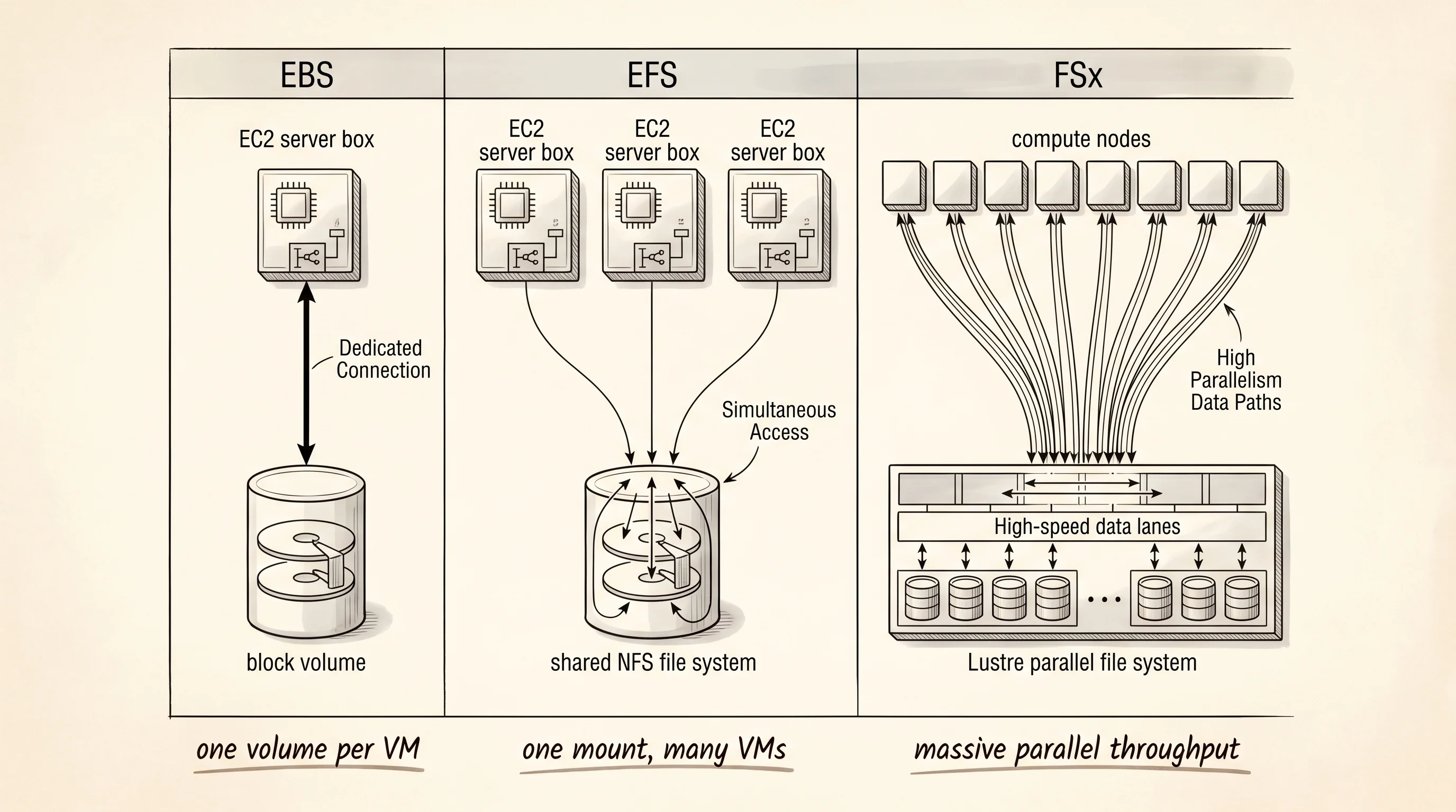 EBS, EFS, and FSx serve three different jobs: block volumes, shared file systems, and high-throughput parallel storage.