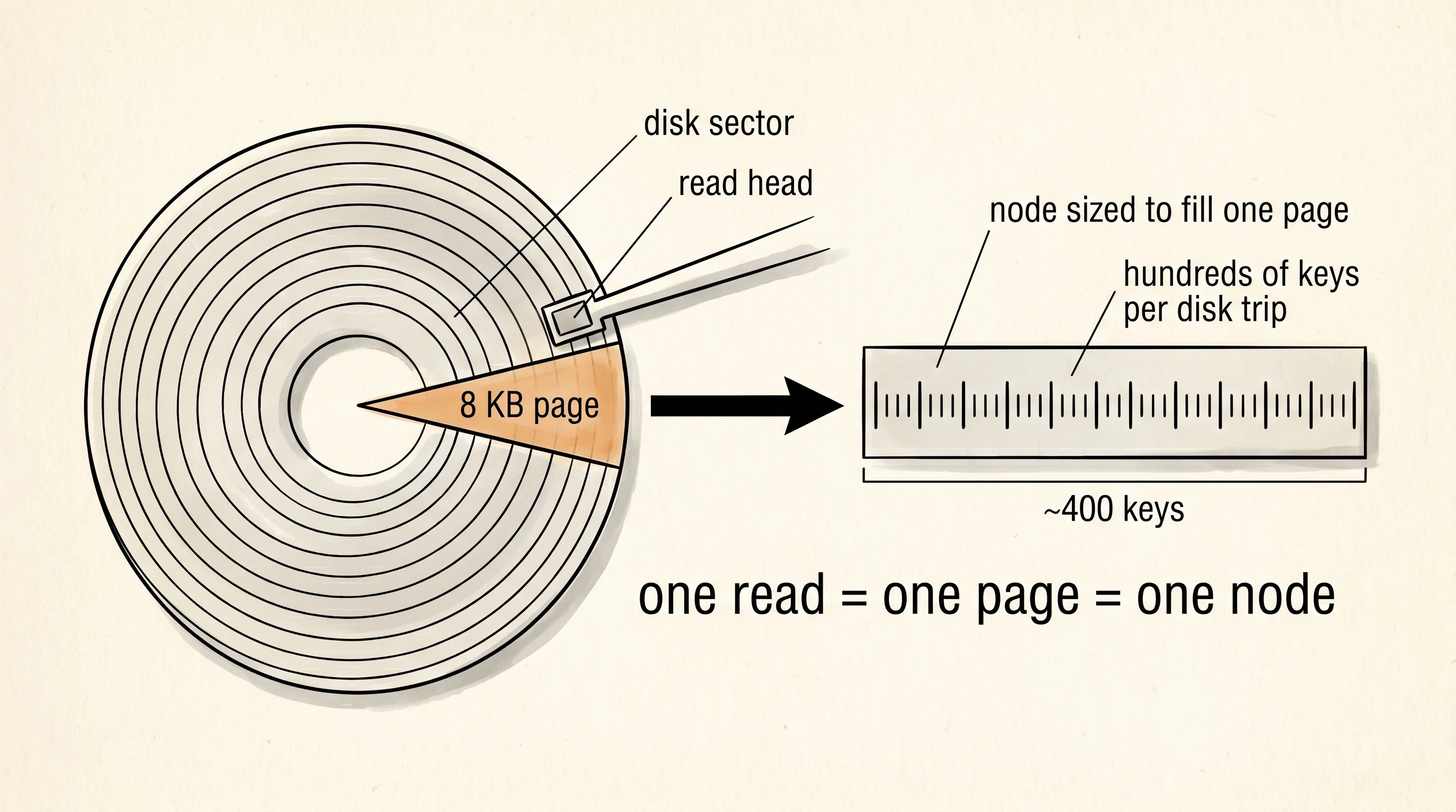 Each B-tree node is sized to fit exactly one disk page, so one node read costs exactly one slow trip to the disk.