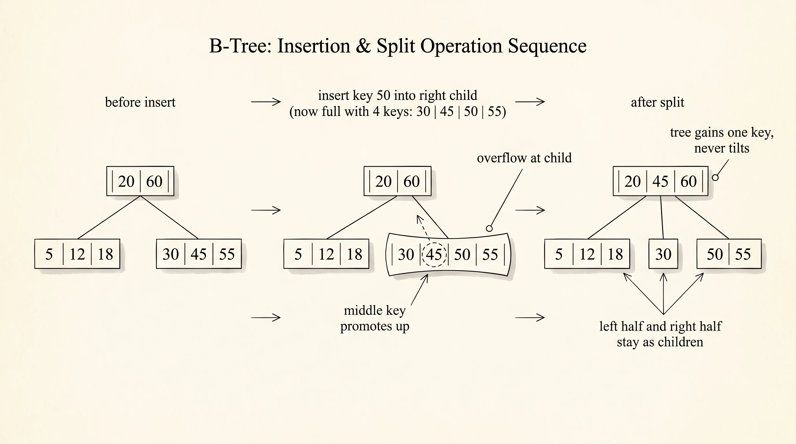 When a node overflows its key limit, the middle key promotes up to the parent and the node breaks into two halves.