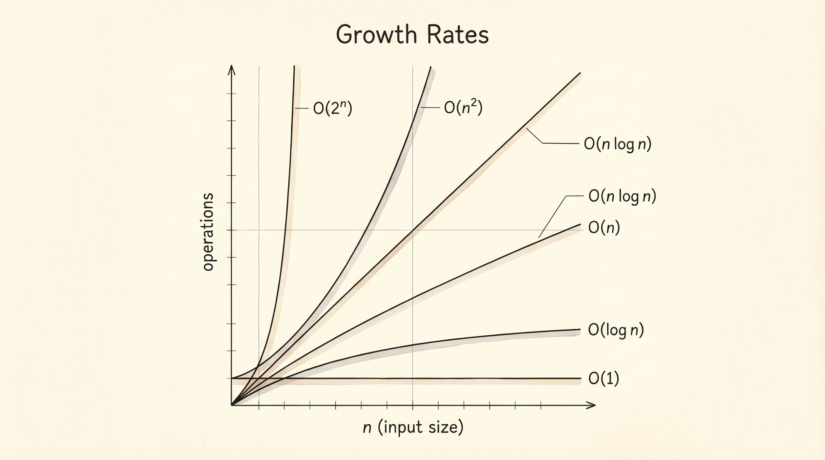 Six growth curves on one chart: O(1), O(log n), O(n), O(n log n), O(n^2), O(2^n).