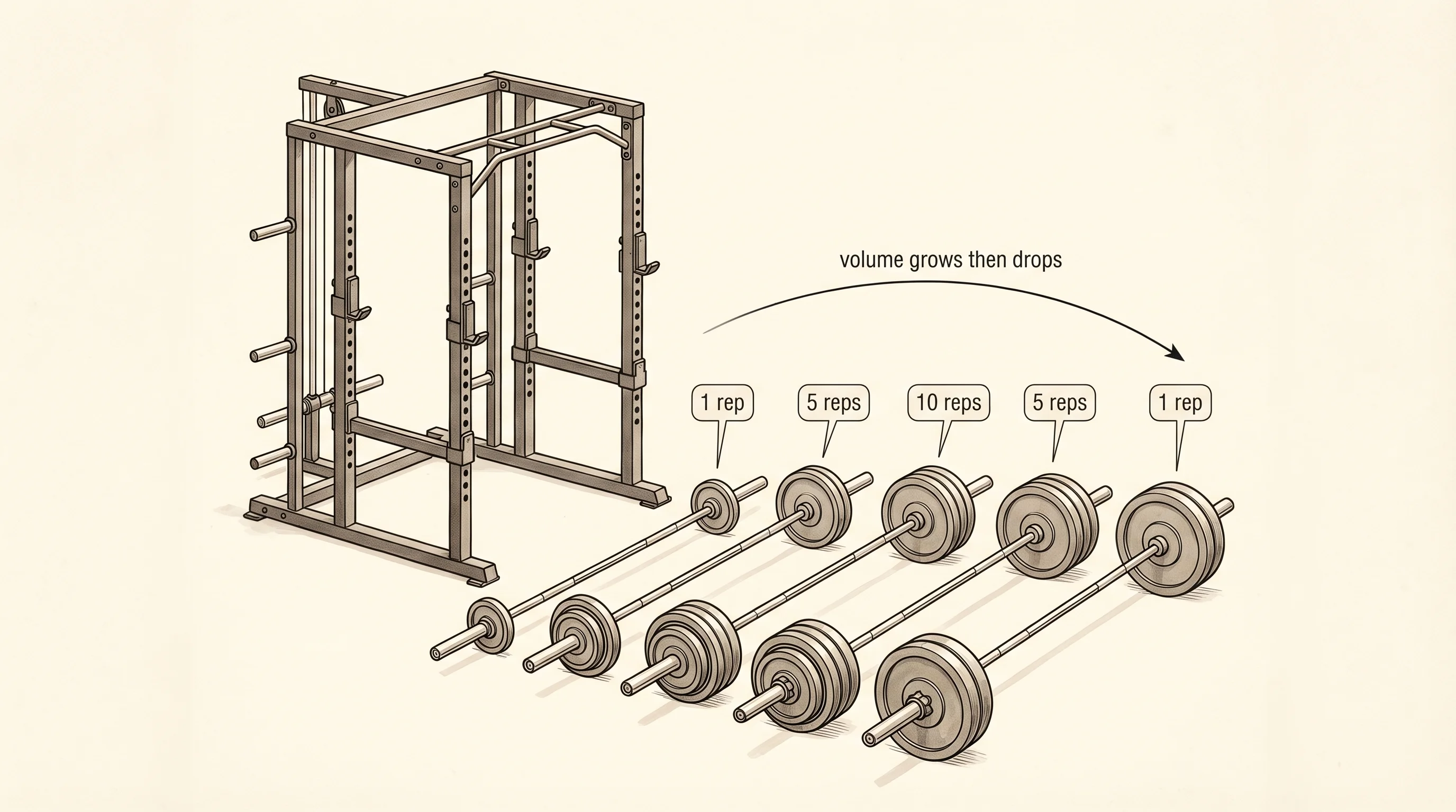 A pyramid set on the squat rack — one rep, then more, then a peak, then back down.