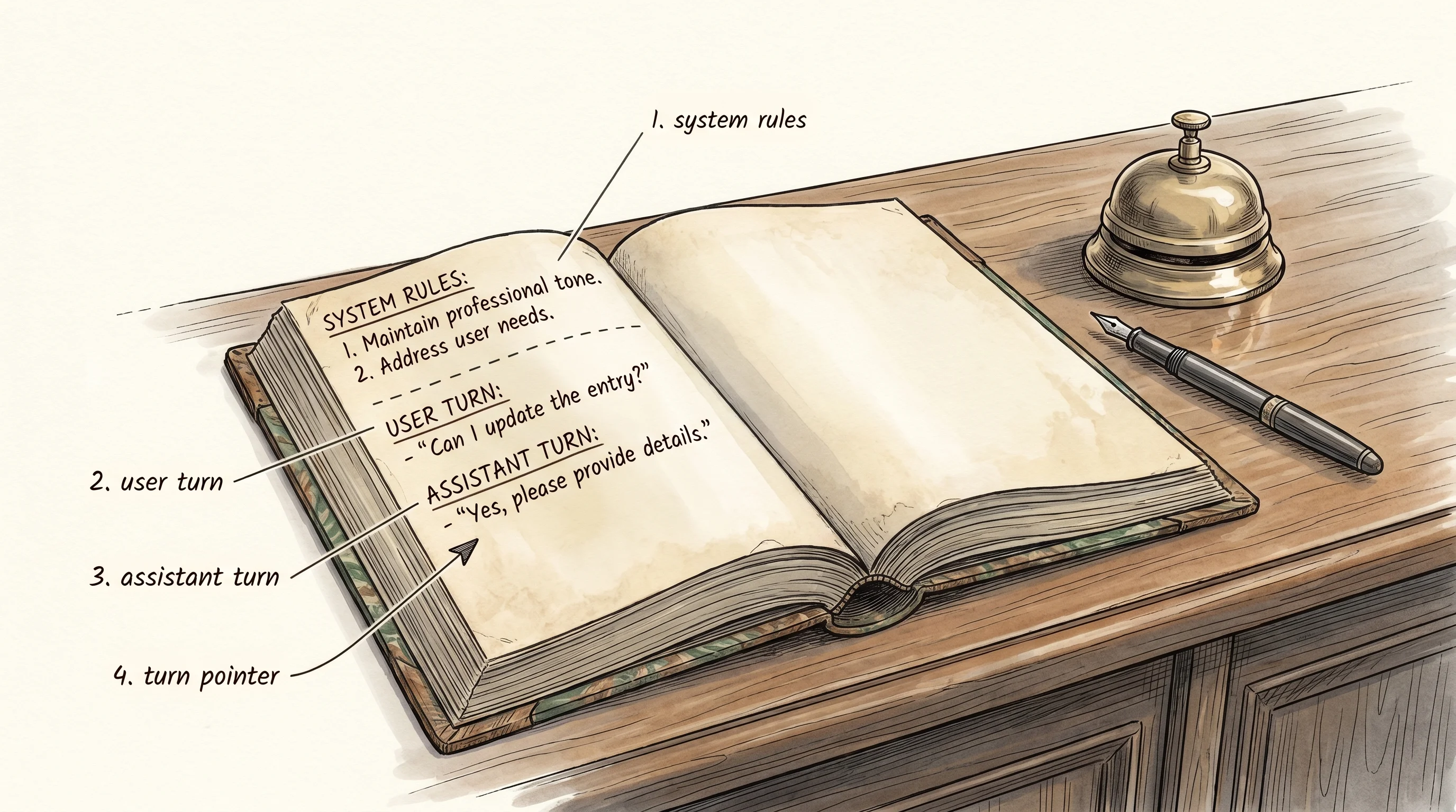 A hotel front-desk logbook recording an exchange between guest and clerk.