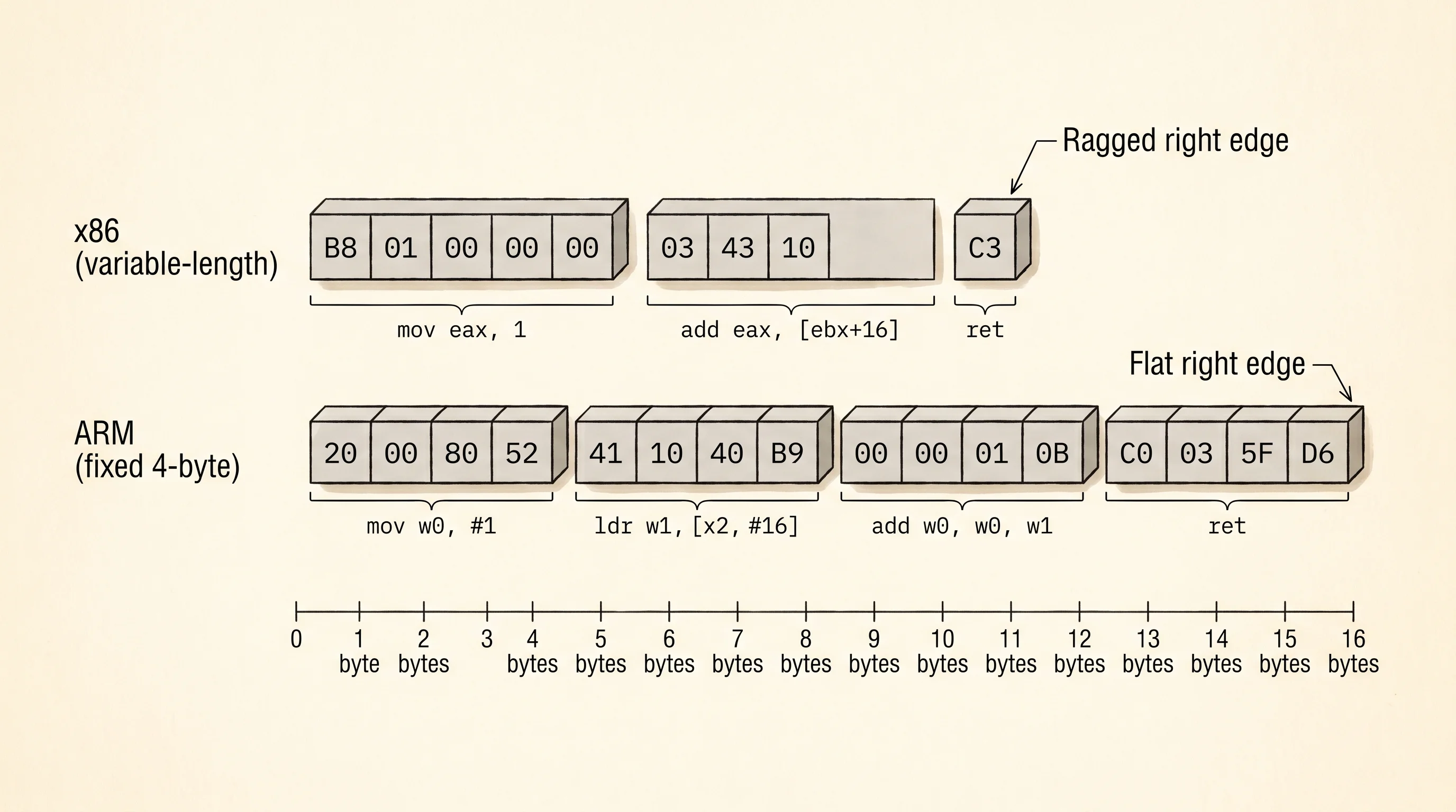 Same three-operation program encoded as x86 bytes (ragged) and ARM bytes (flat).