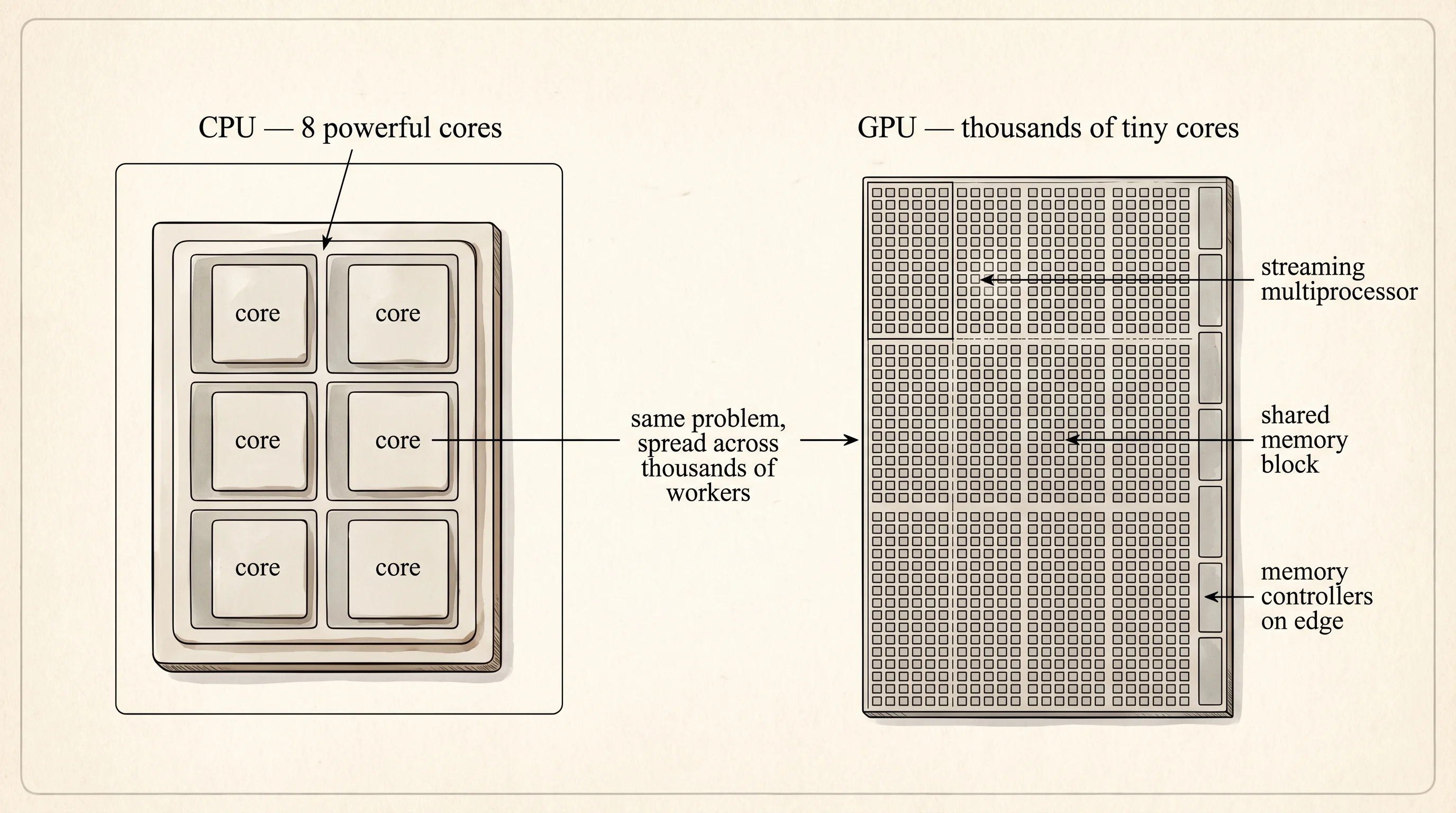 A GPU die with thousands of tiny parallel cores, side by side with a CPU's eight big cores for scale.