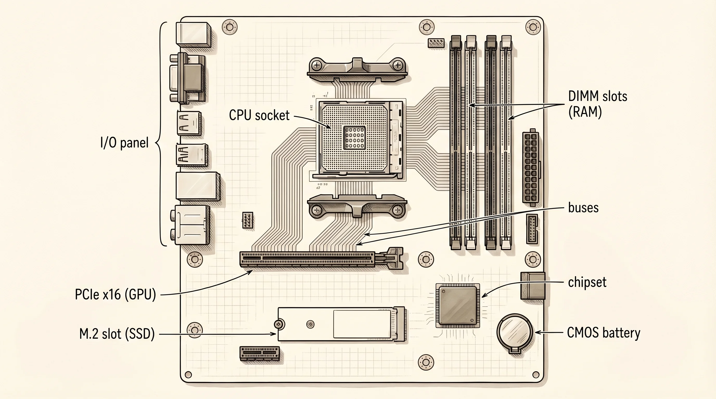 A motherboard laid out flat, with every piece of the lesson in its slot.