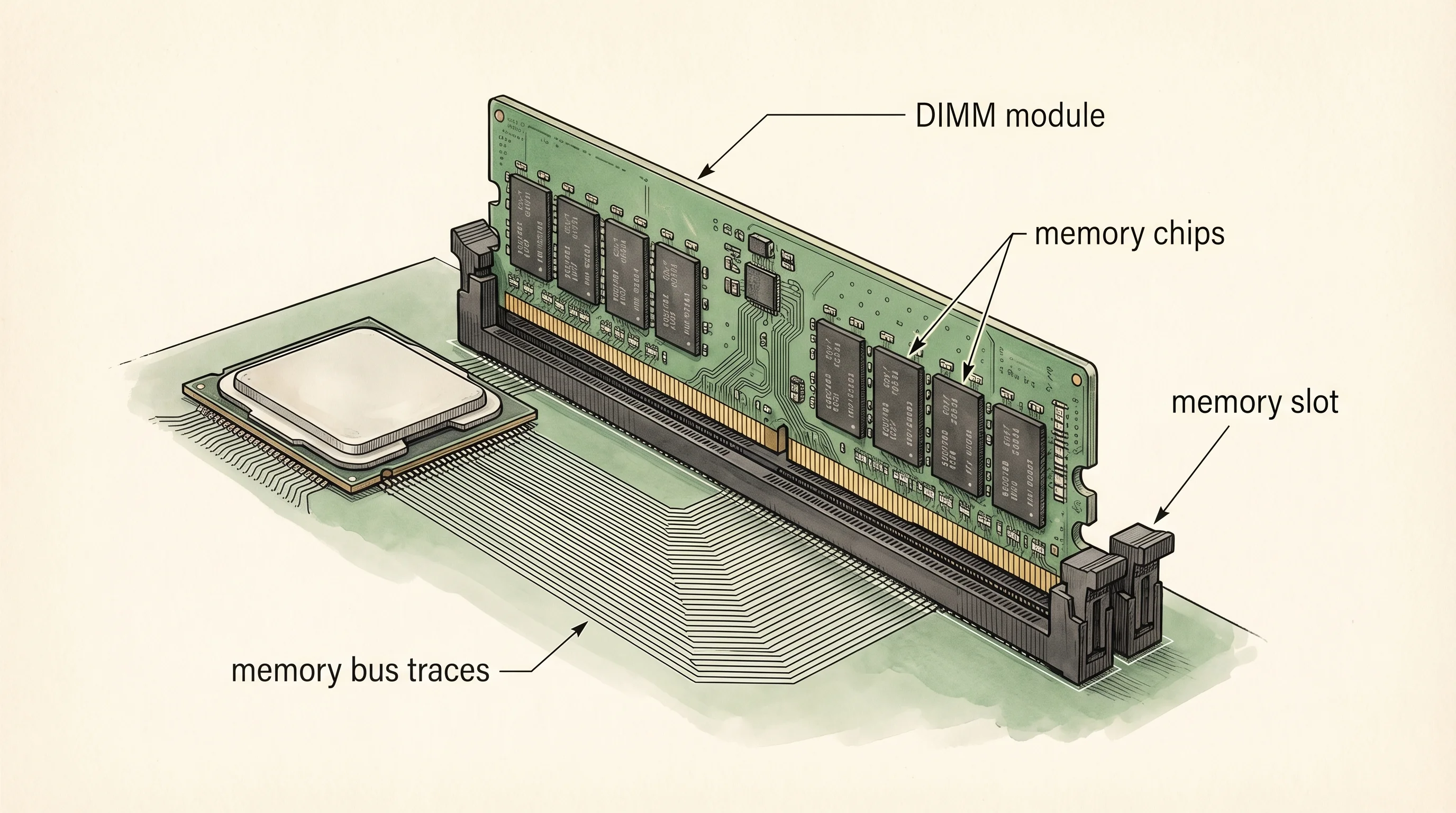 A DIMM stick of RAM in its motherboard slot, with the memory bus running to the CPU.