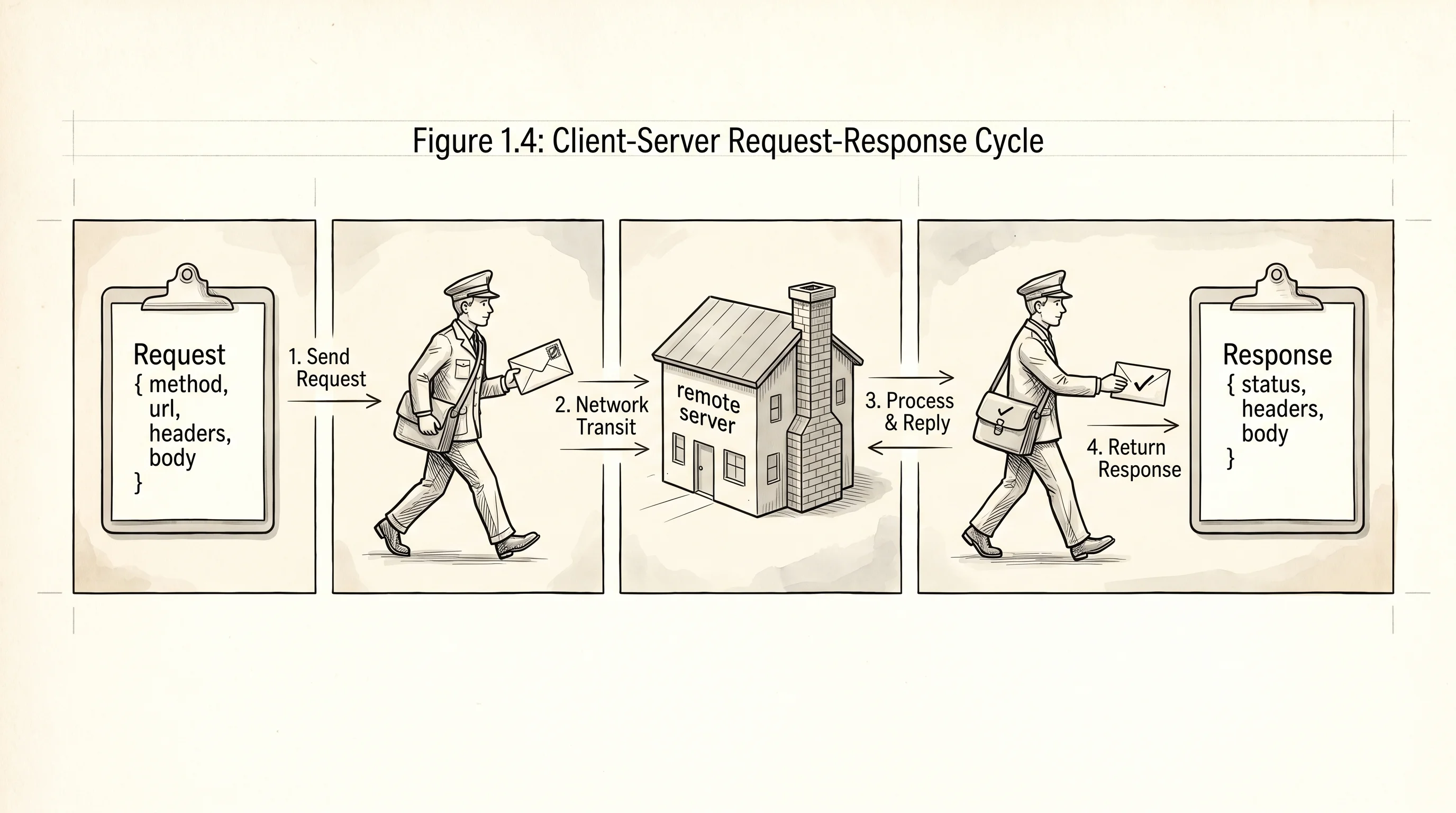 A reqwest call is a courier: build a request, hand it off, wait, read the reply.