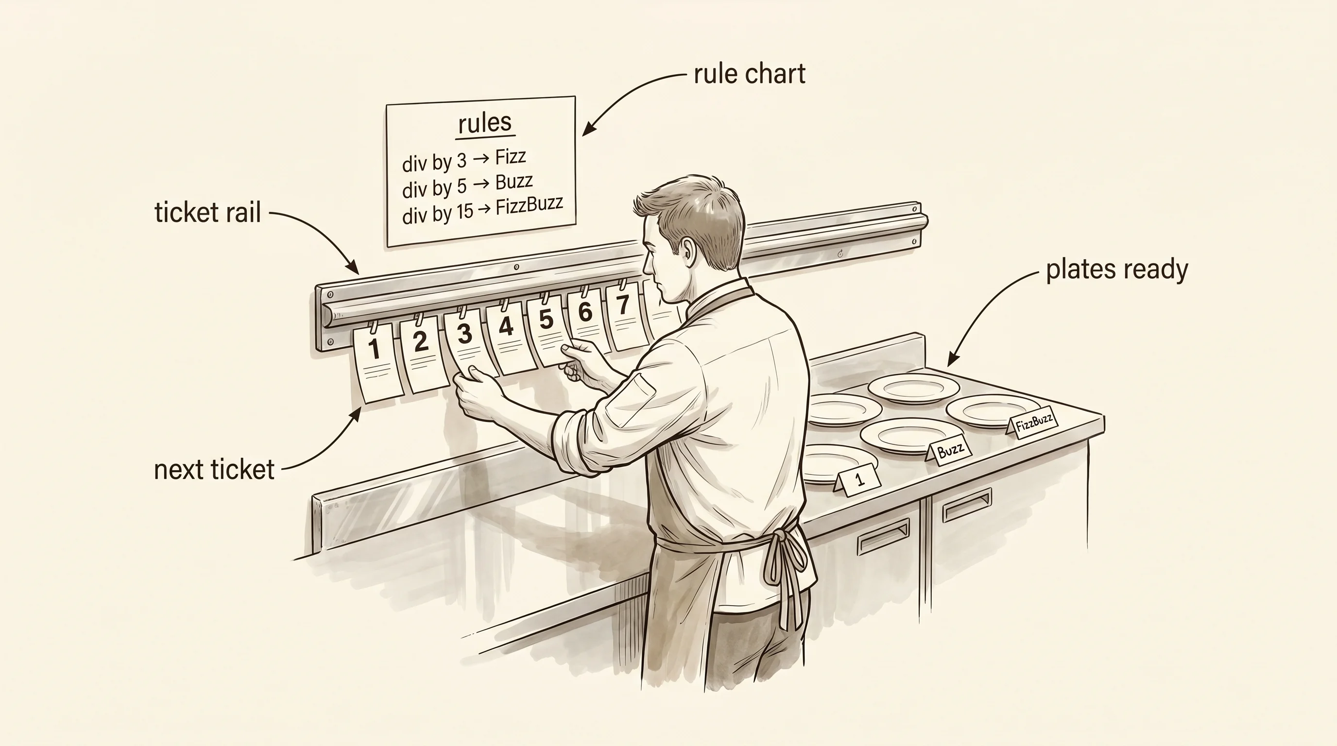 A short-order cook at the rail, deciding what plate to send out for each numbered ticket.
