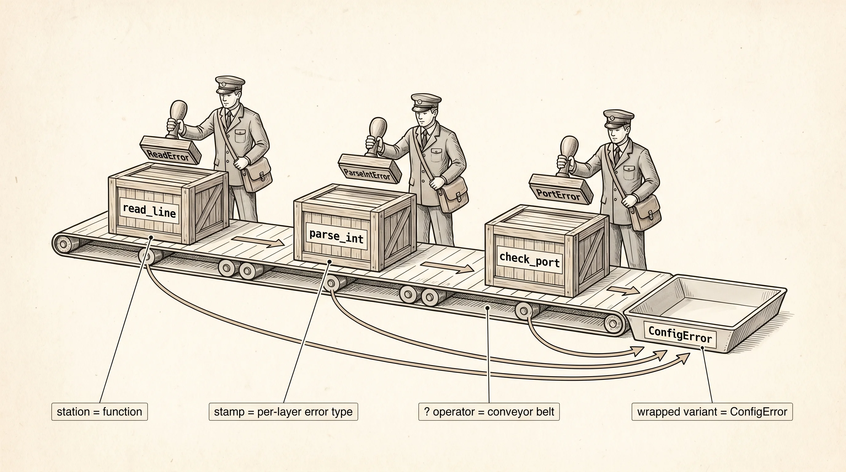 Three couriers pass the package up the chain, each stamping a labeled tag when they cannot continue.