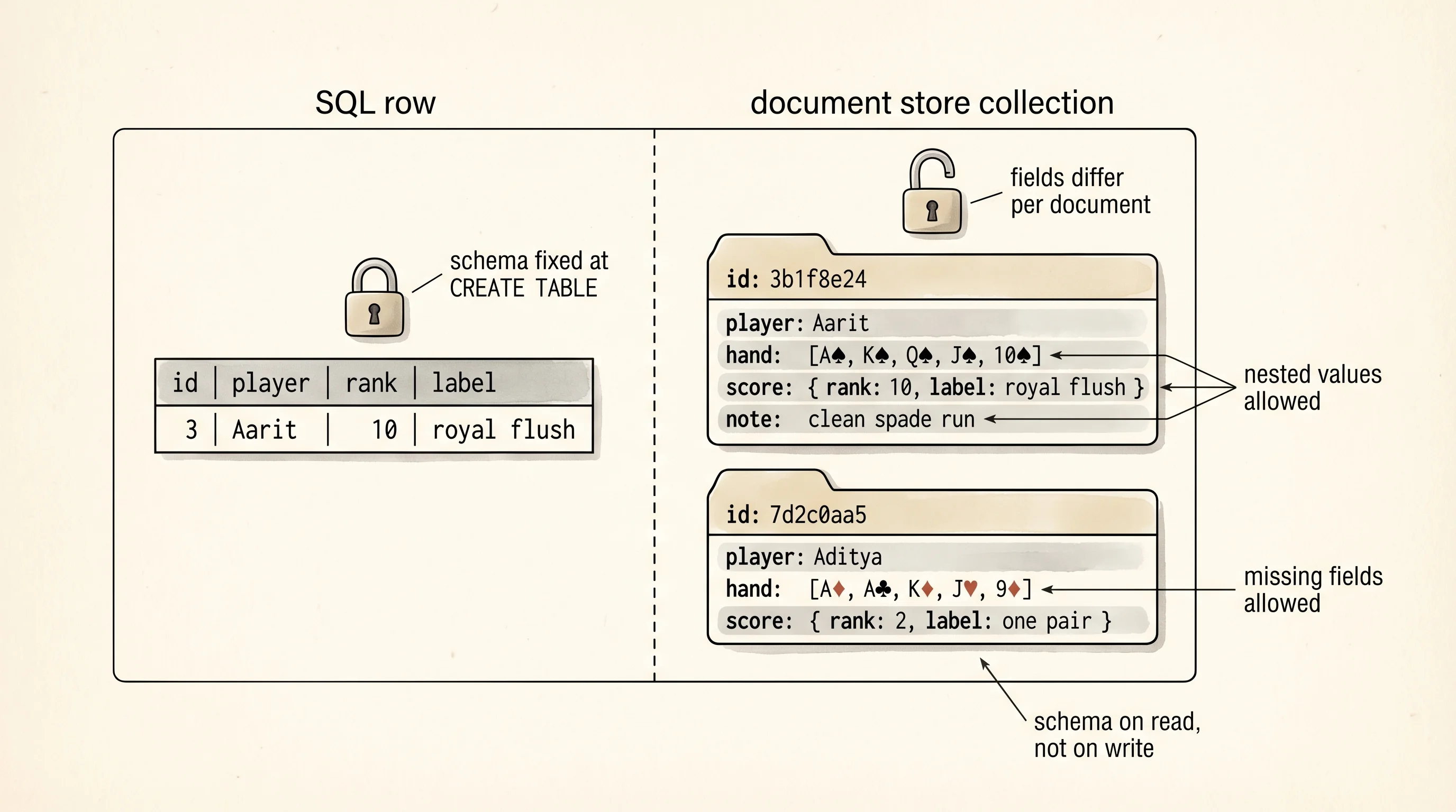 A rigid SQL row on the left, two flexible JSON documents on the right.