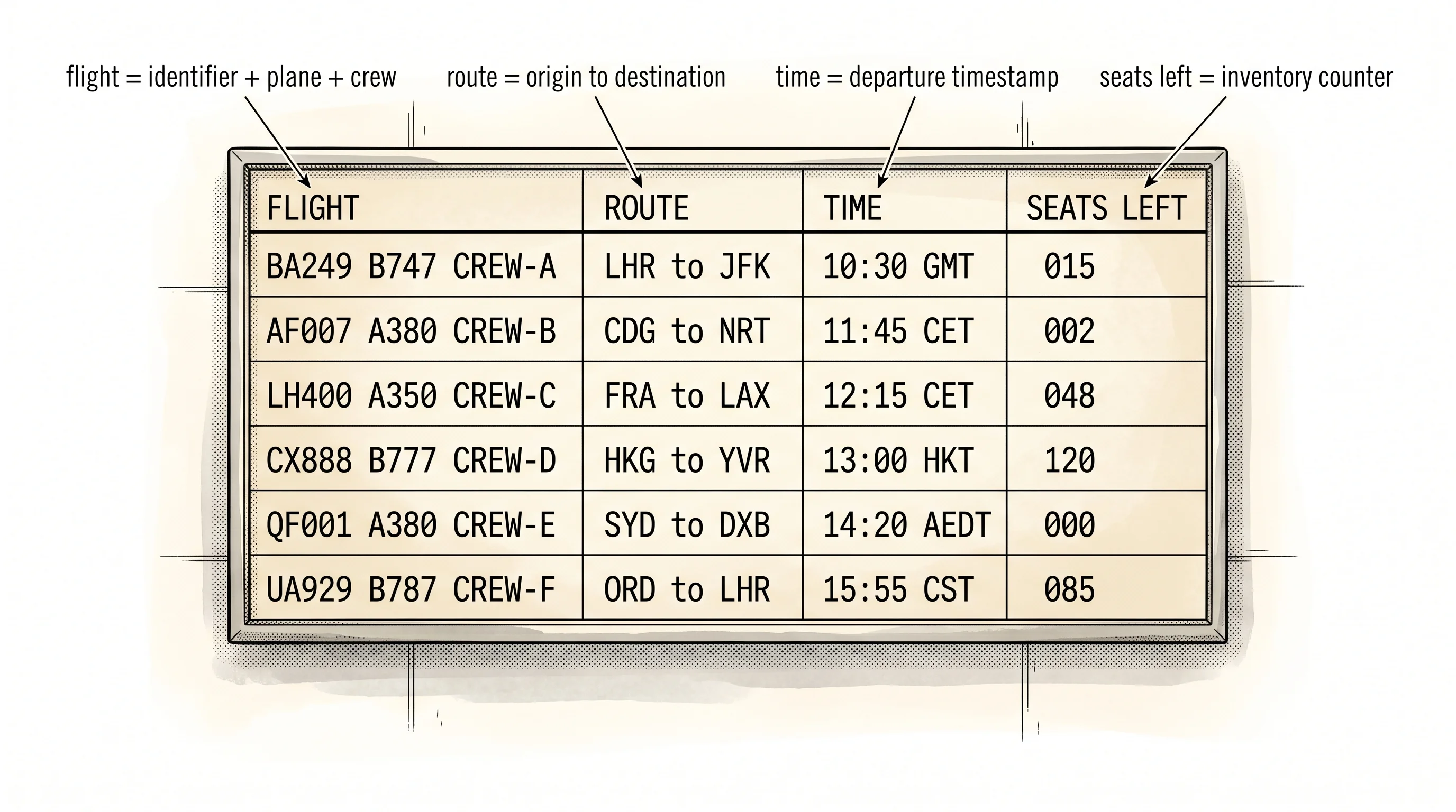 An airline reservation system is a departure board: flights, fares, seats, and bookings all tracked from one place.