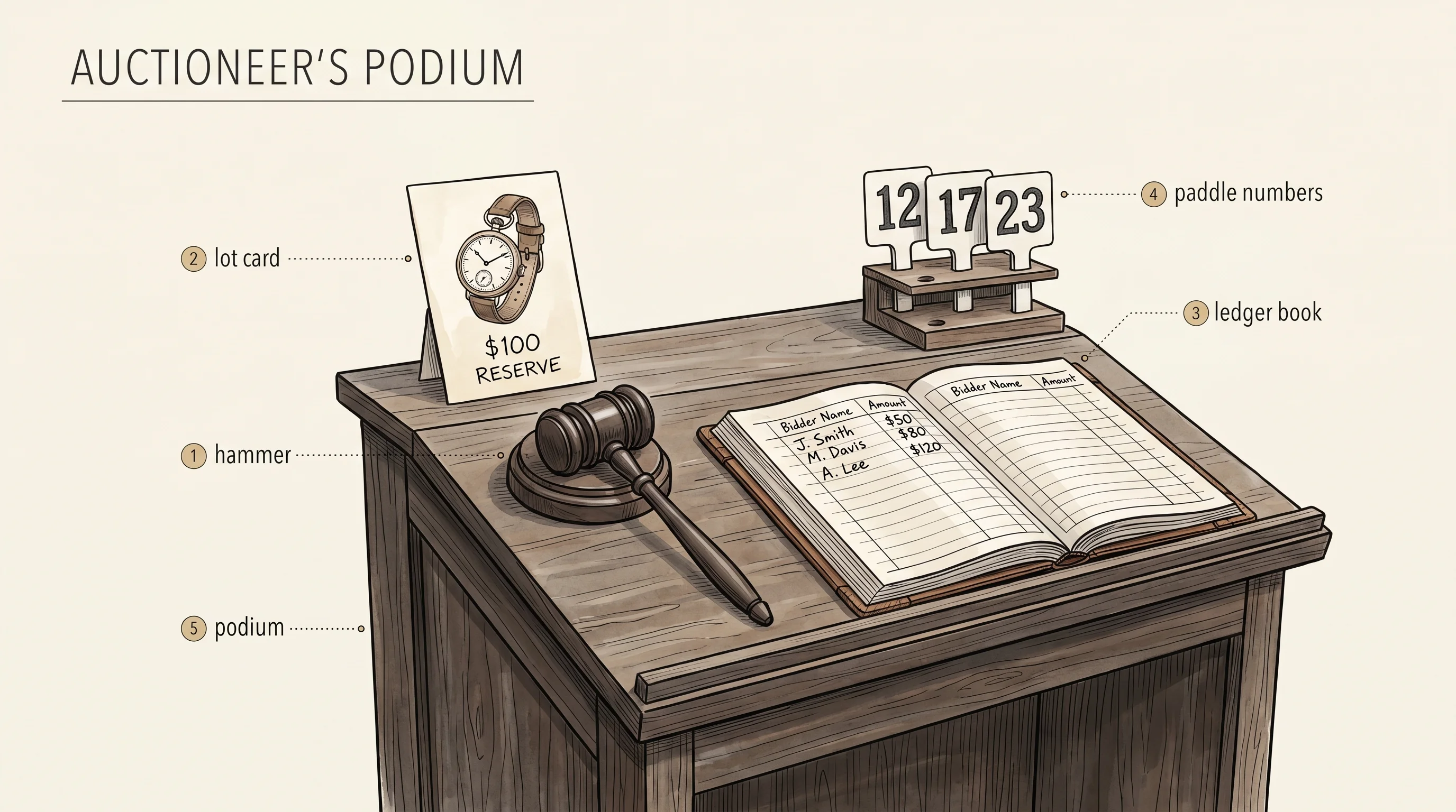 The estate-sale auction house: podium, hammer, lot card, paddles, and ledger.