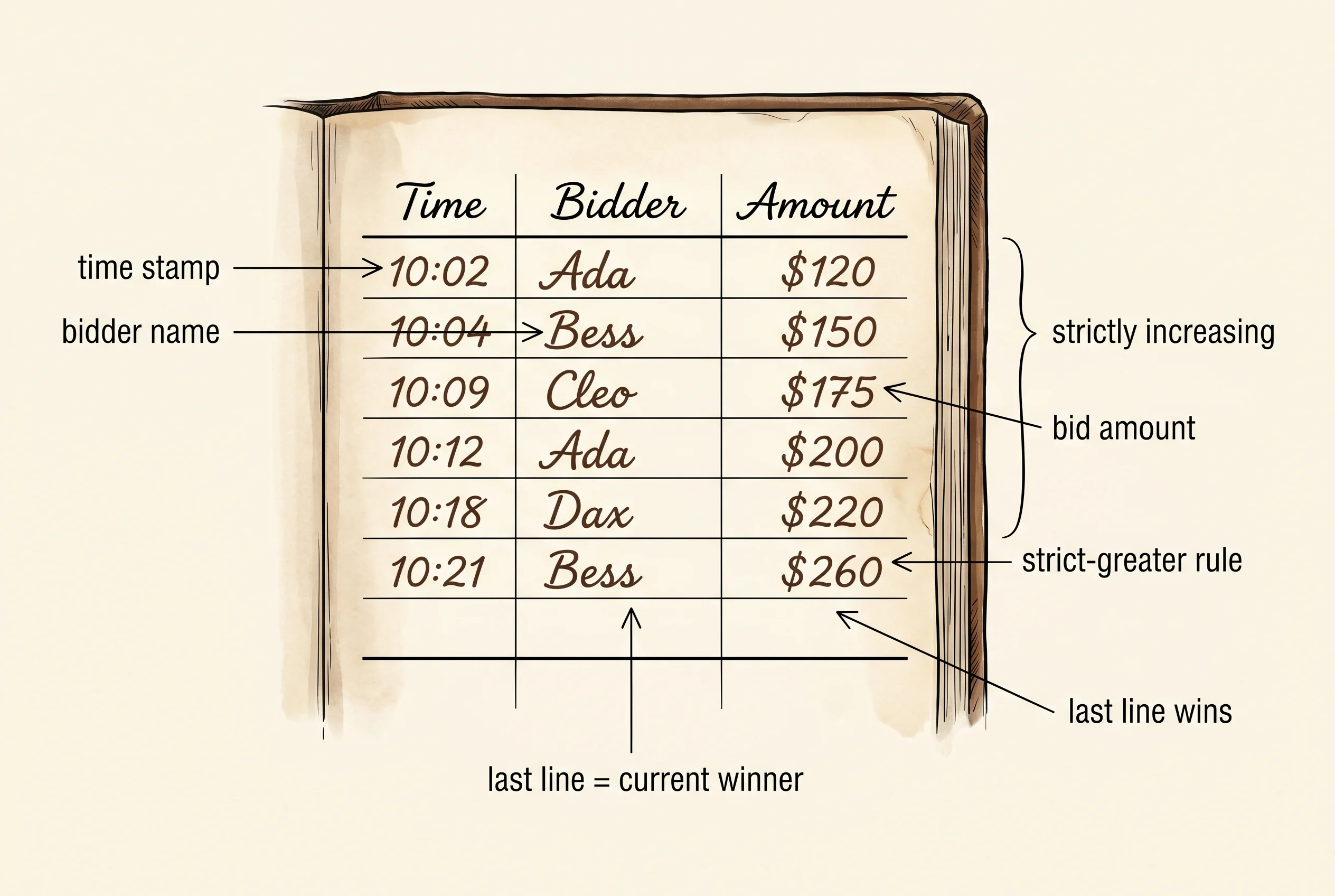 A page of the ledger: every accepted bid in time order, each line strictly greater than the one above.