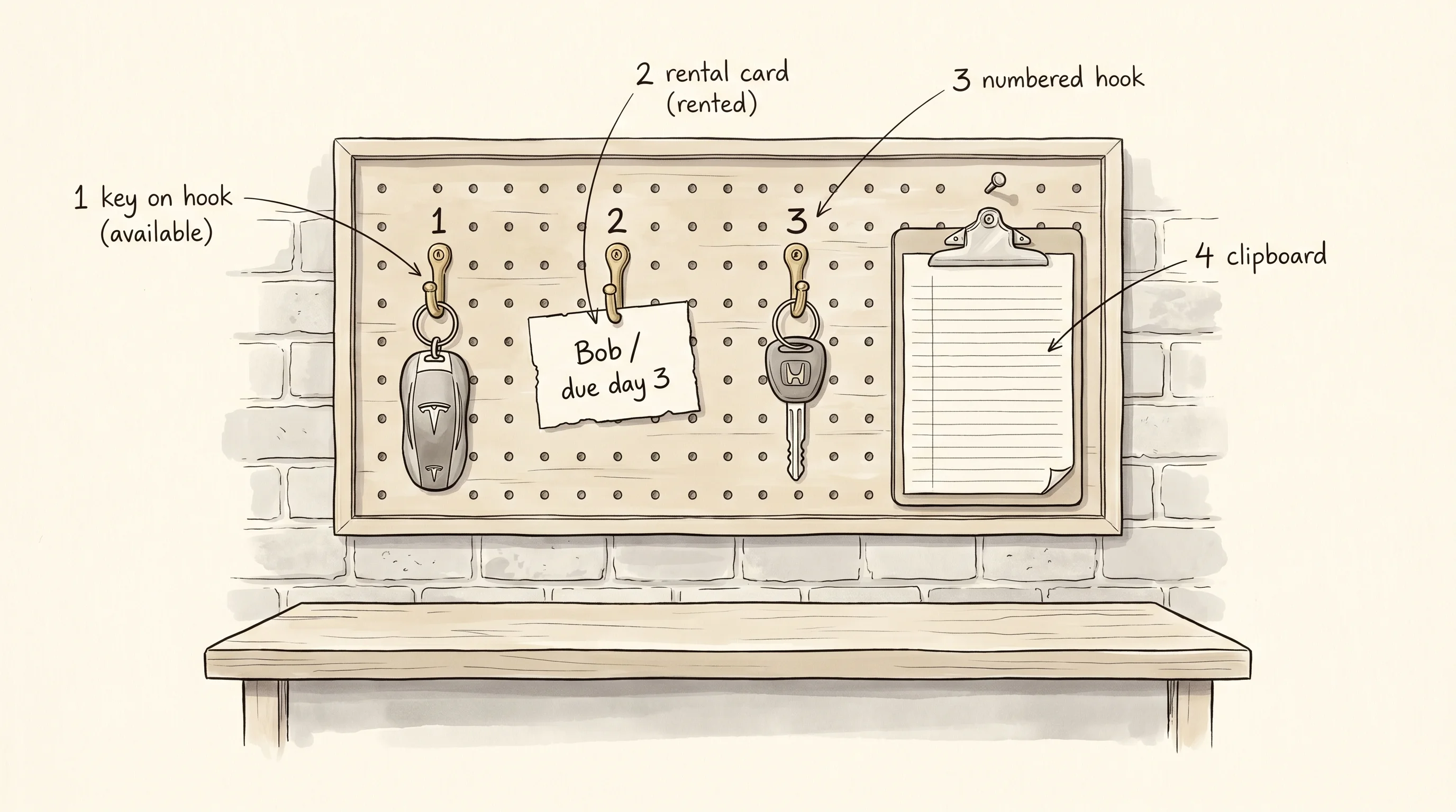 A small rental office pegboard with three numbered hooks, two holding car keys, one with a handwritten rental card hanging in place of the key.