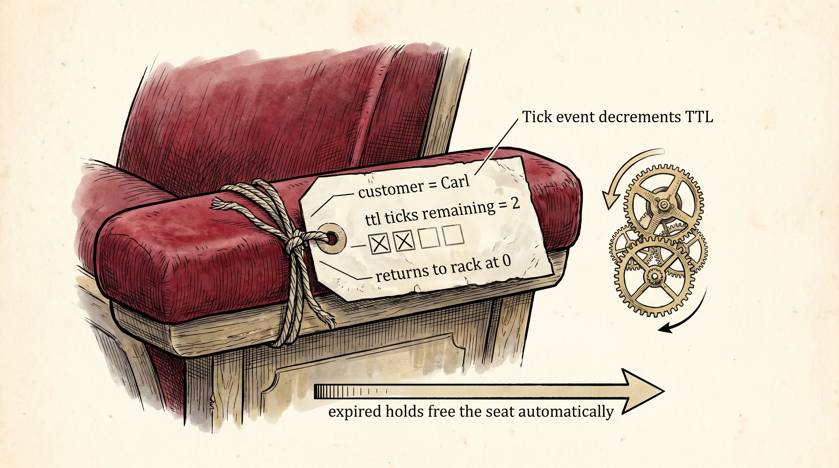 A hold is a paper tag with a countdown printed on it — when it hits zero, the seat goes back on the rack.