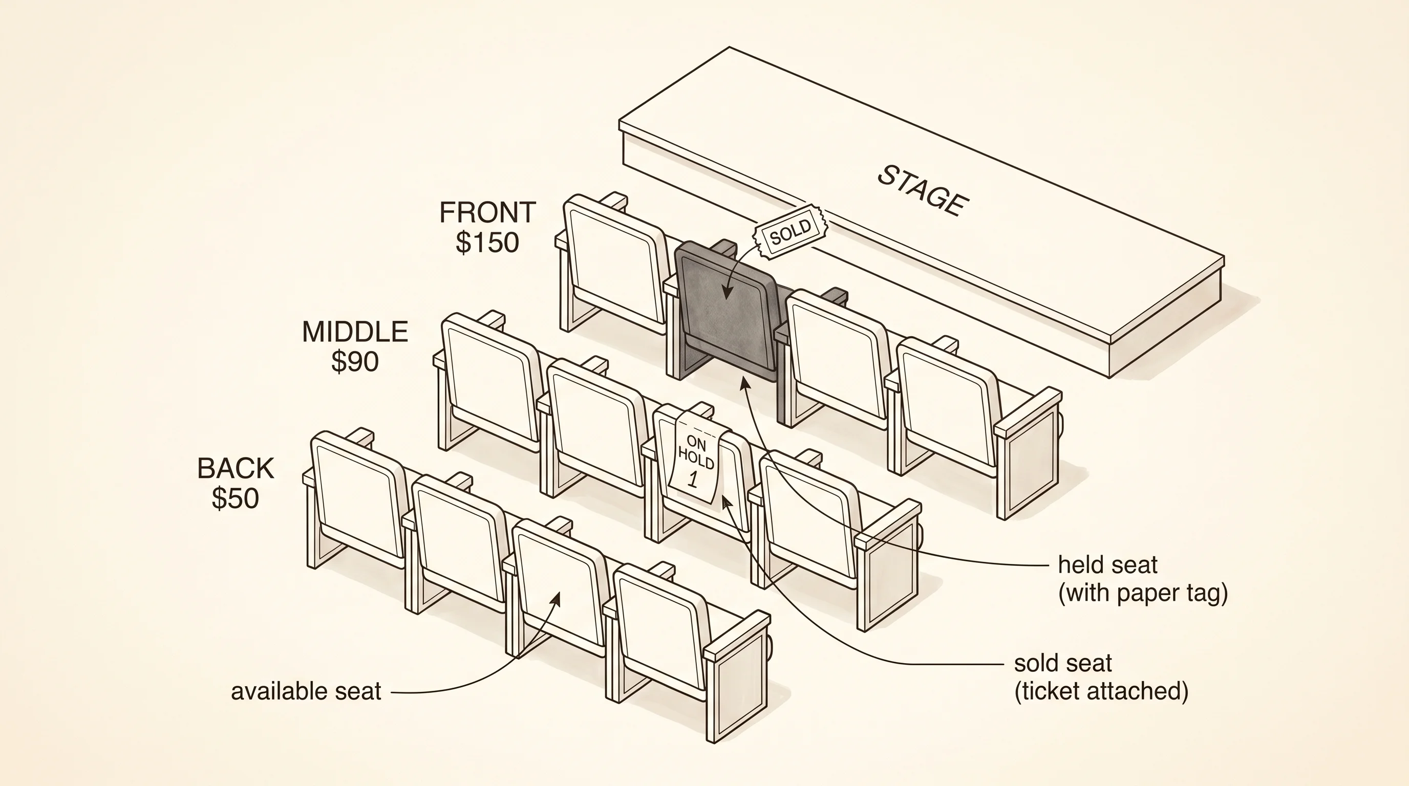 Every seat is in exactly one of three states — free, held, or sold.