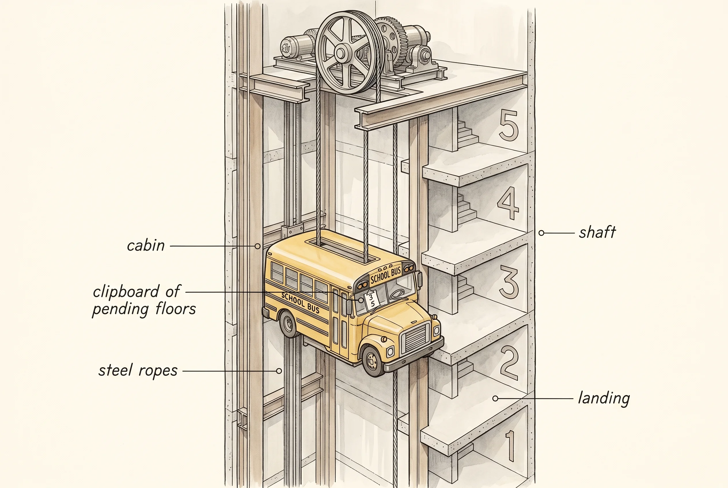 An elevator drawn as a bus driving up a vertical shaft, with a clipboard of pending floor stops on the dashboard.