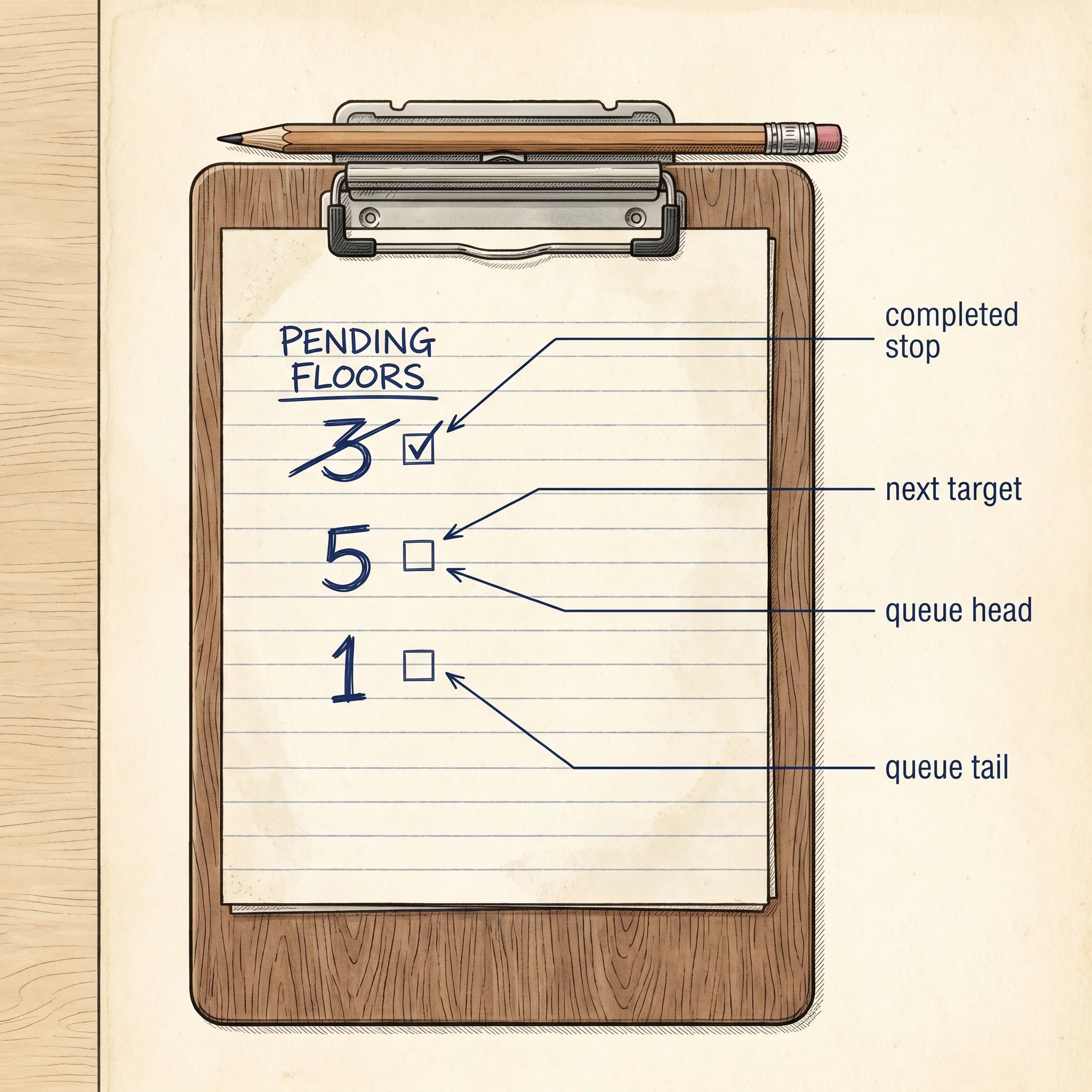 The pending-request queue drawn as a clipboard with floor numbers crossed off as the cabin arrives.