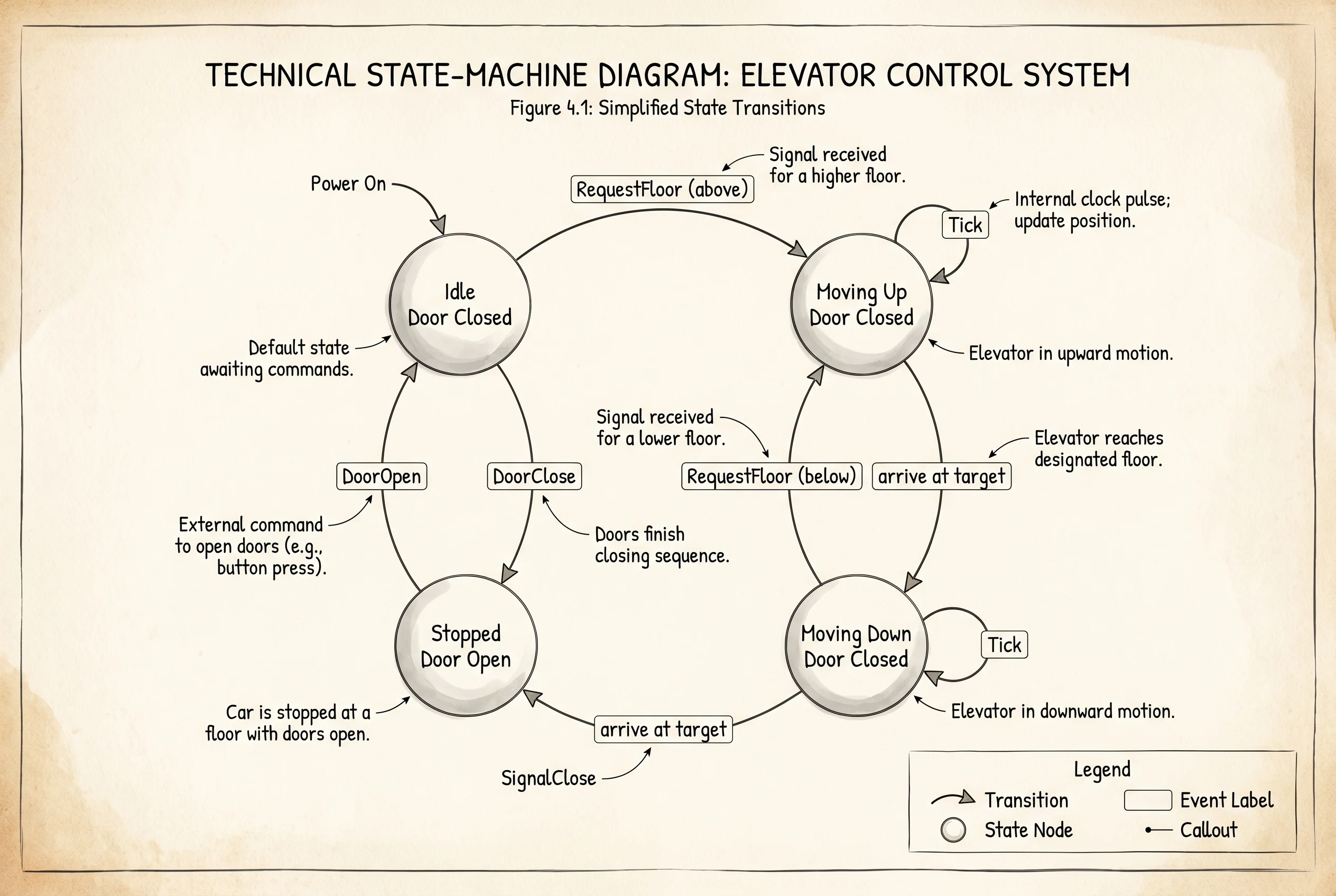 The four-state machine the elevator runs — direction and door states with events that move between them.